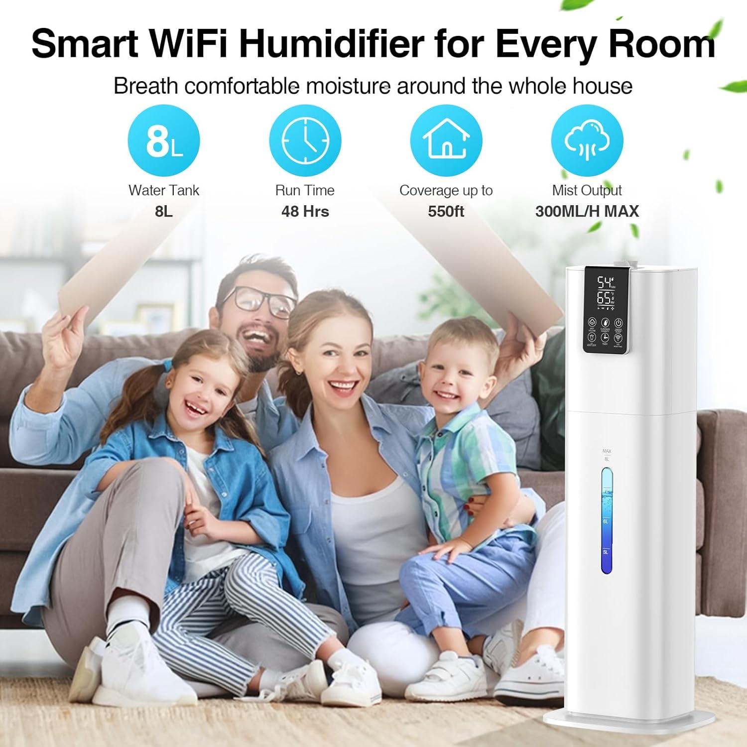 White 2.11 Gallon Smart Cool Mist Tower Humidifier