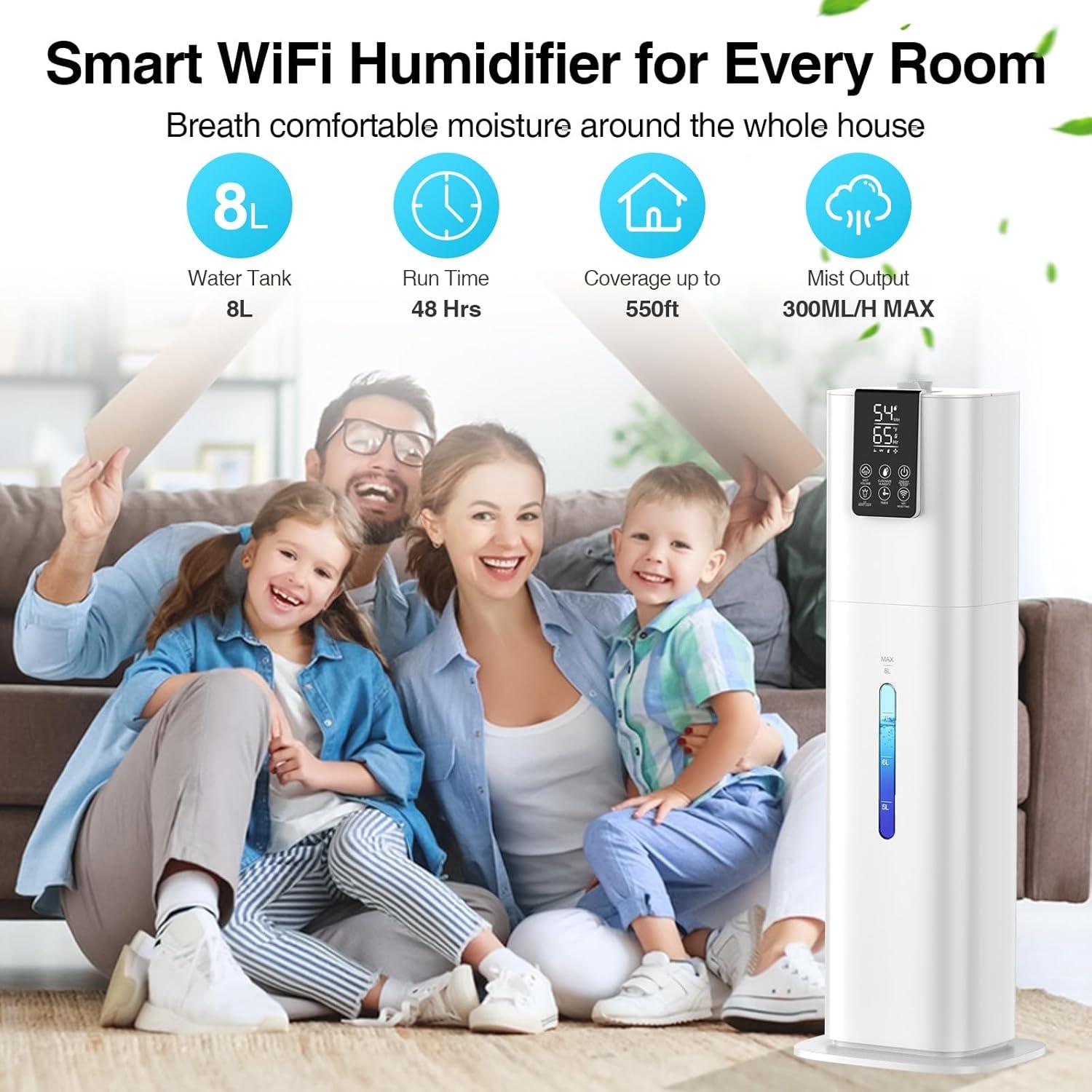 Smart Humidifiers Large Room Bedroom Home,2.11Gal(8L) Quiet Top Fill Cool Mist Humidifier,Smart App & Remote Control, 3 Speed Humidifier with 360°Nozzle,Humidity Setting for Baby Office Plant(White)