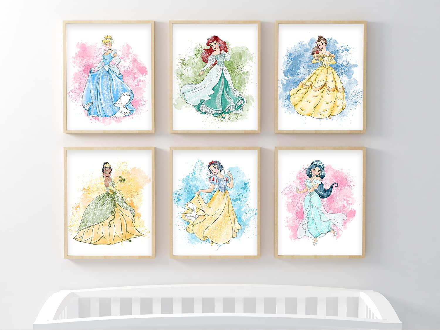 Nistio® Disney Princess Watercolor Prints, Princess Wall Art Posters, Set of 8, Girls Bedroom Poster, Princess Playroom Decor, Nursery Prints, Unframed, 8x10"