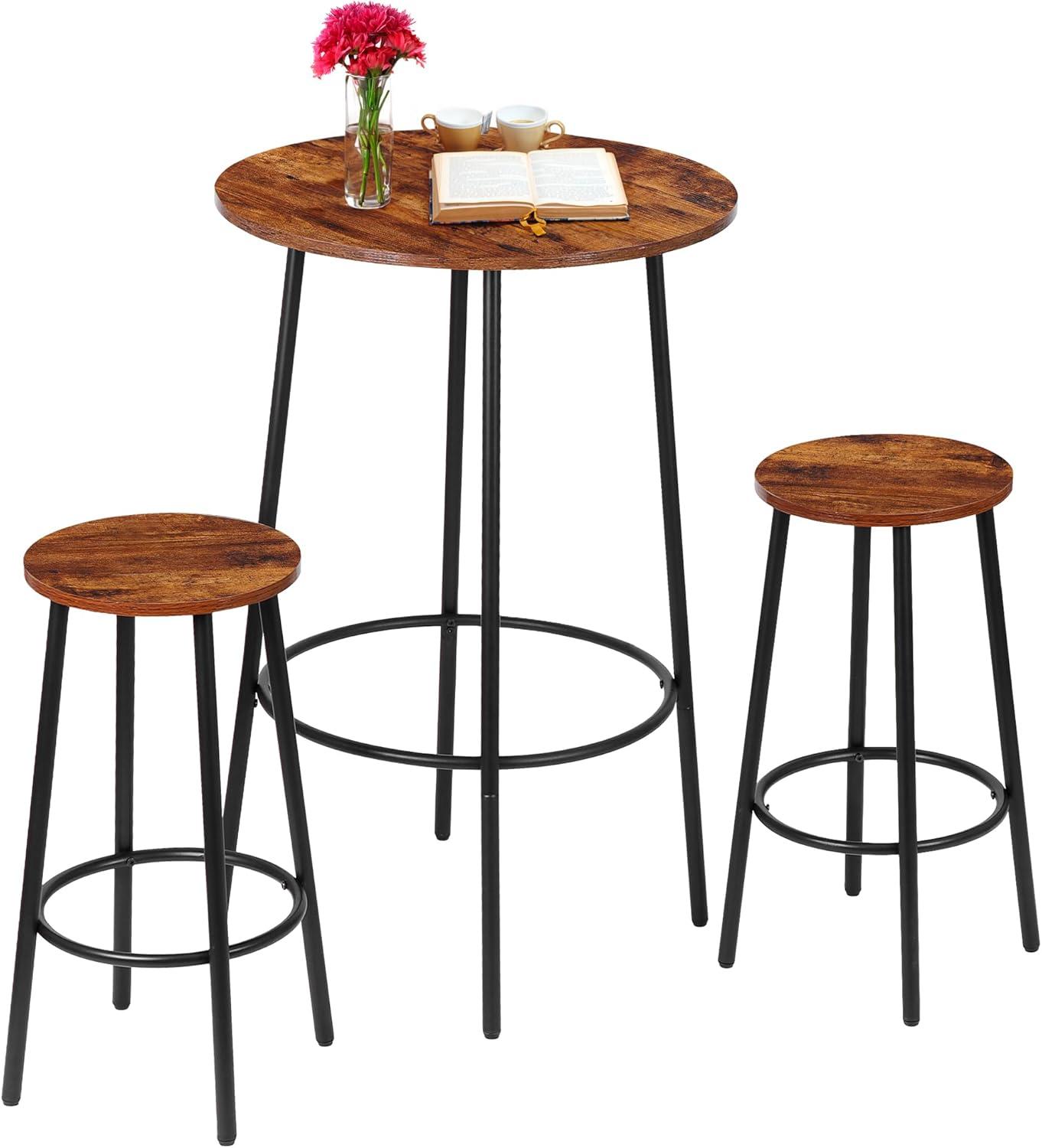 ZENSTYLE 3 Piece Pub Dining Table Set Wooden Round Breakfast Tables w/2 Bar Chairs Stools Brown