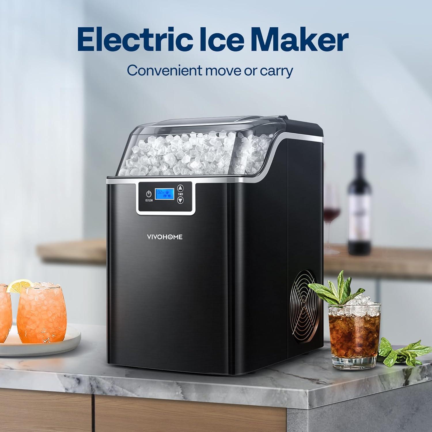 SPECSTAR Nugget Ice Maker Machine, Countertop Ice Maker with Hand Scoop 10 Ice Bags and Self Cleaning Function 44lbs/Day, Black