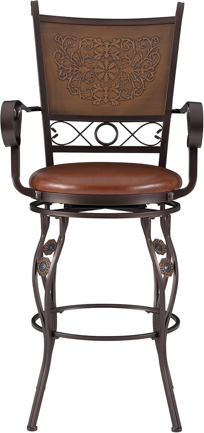 Powell Beatrix Big & Tall 30" High Back Indoor Copper Stamped Round Metal Bar Stool wth Swivel, Bronze/Warm Rust Faux Leather
