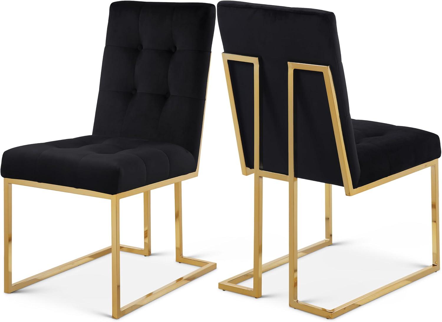 Meridian Furniture Pierre Collection Modern | Contemporary Velvet Dining Chair with Luxurious Deep Tufting and Polished Gold Metal Frame, Set of 2, Black, 18.5" W x 25" D x 36.5" H