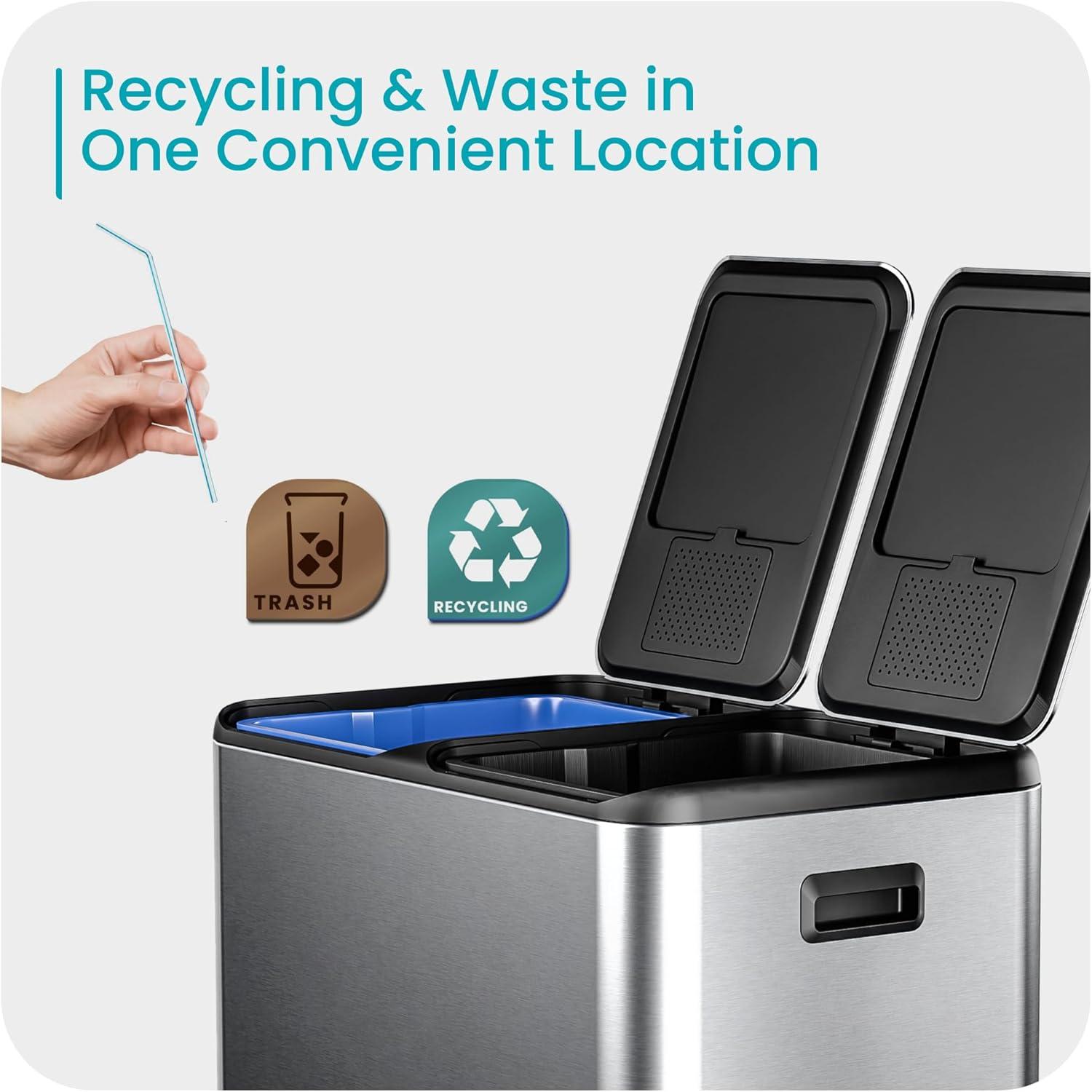 Home Zone Living Home Zone Living 15.8 Gallon Kitchen Trash Can With Dual Removable Liners For Recycling And Trash, Stainless Steel