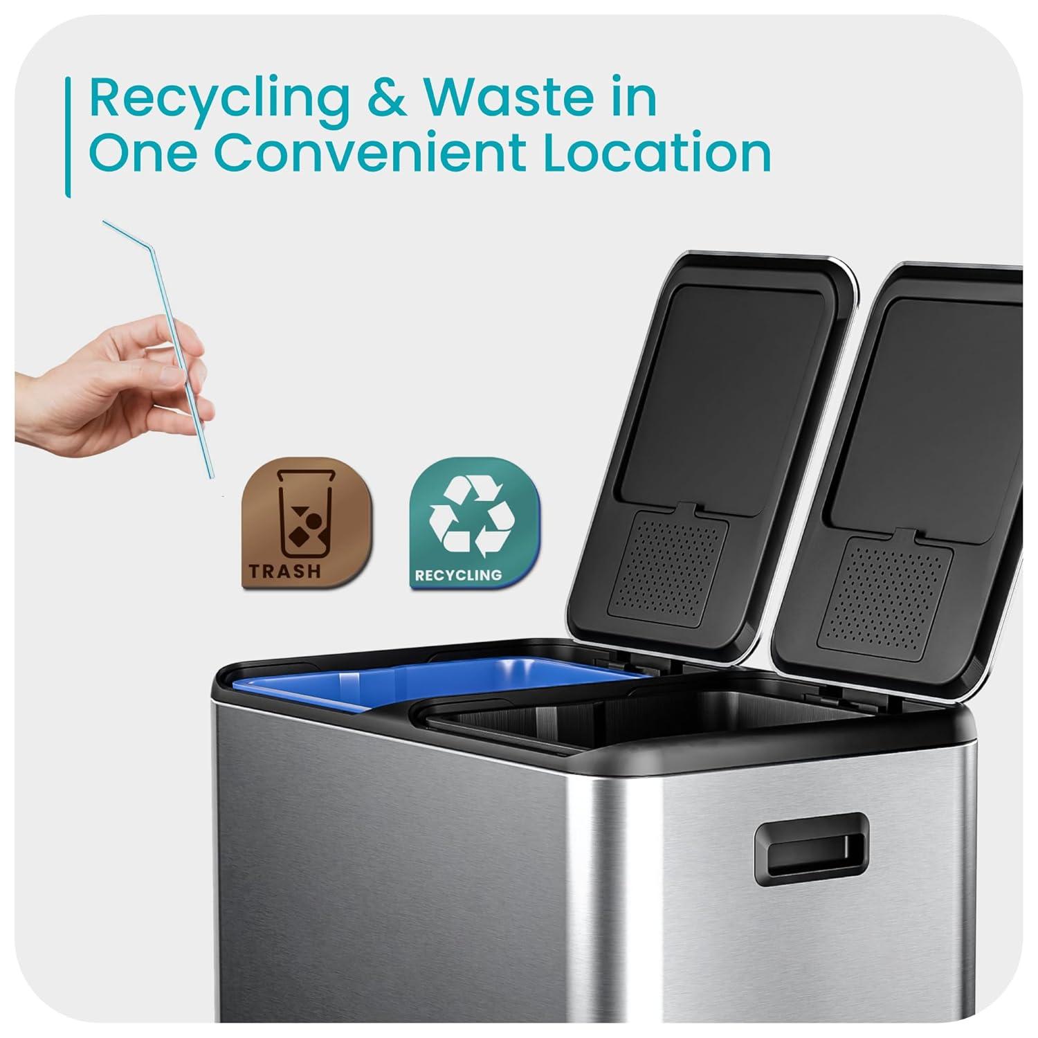 Home Zone Living Home Zone Living 16 Gallon Stainless Steel Kitchen Trash Can and Recycling Dual Compartments with Step Pedals and Soft-Close Lids