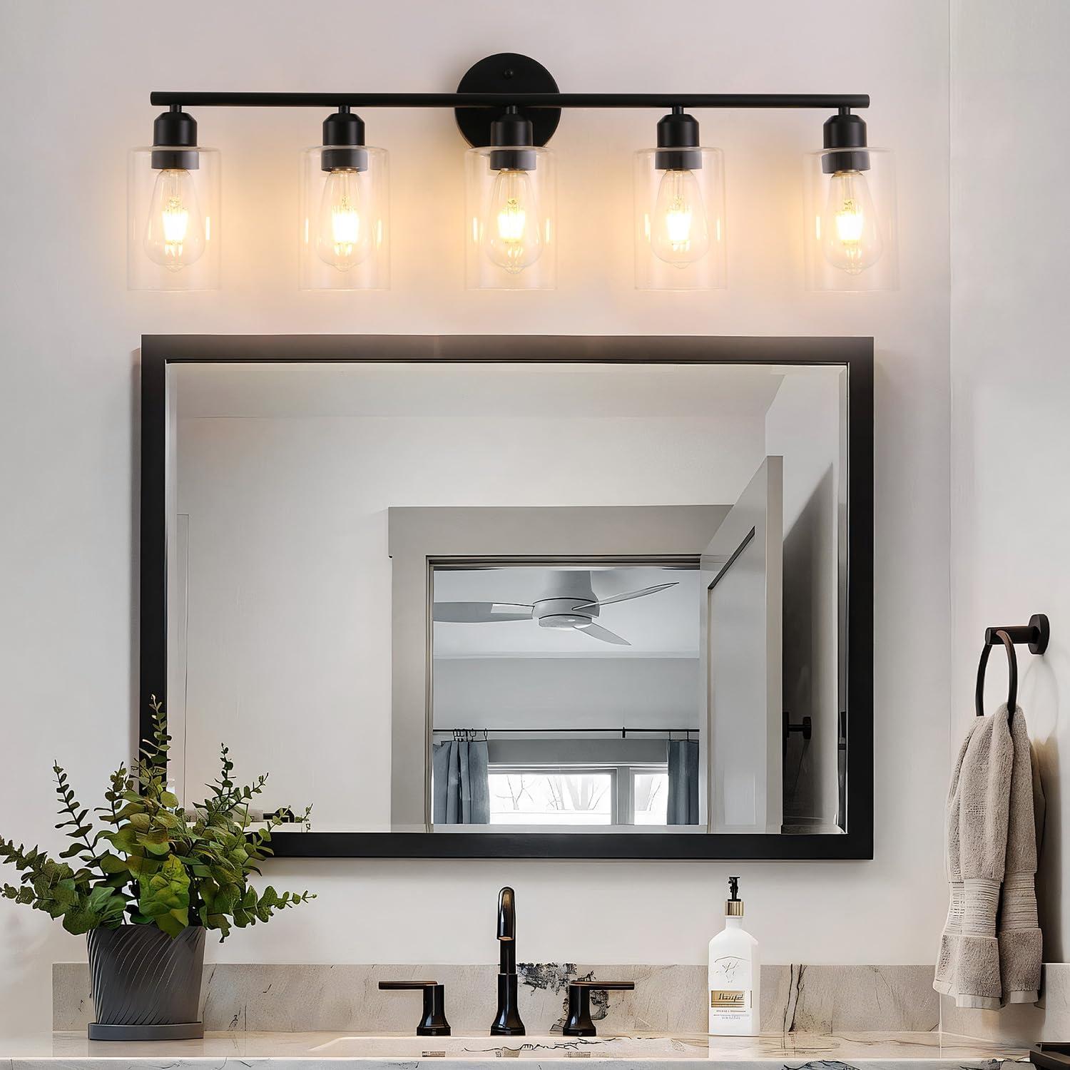 Matte Black 5-Light Bathroom Vanity Fixture with Glass Shades