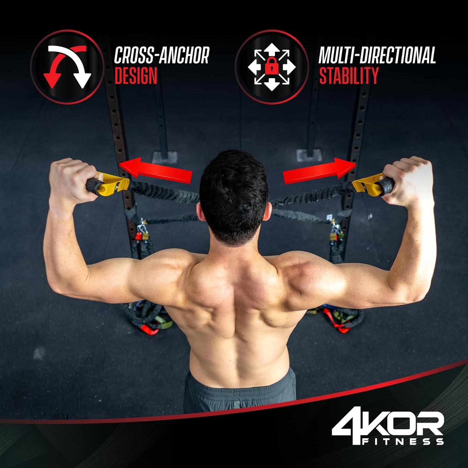4KOR Cross Anchor Shoulder Performance Training System. Resistance Cords with Handles and Dynamic Workout Guide. Exercise Bands with Nylon Sleeves, Rubber Grips, and Carry Bag for Rehab and Strength