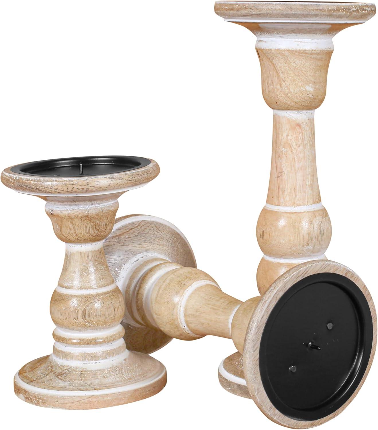 DecMode Traditional and Timeless Mango Wood Pillar Candle Holder Set of 3, 6", 8", 10"H, Cream Finish