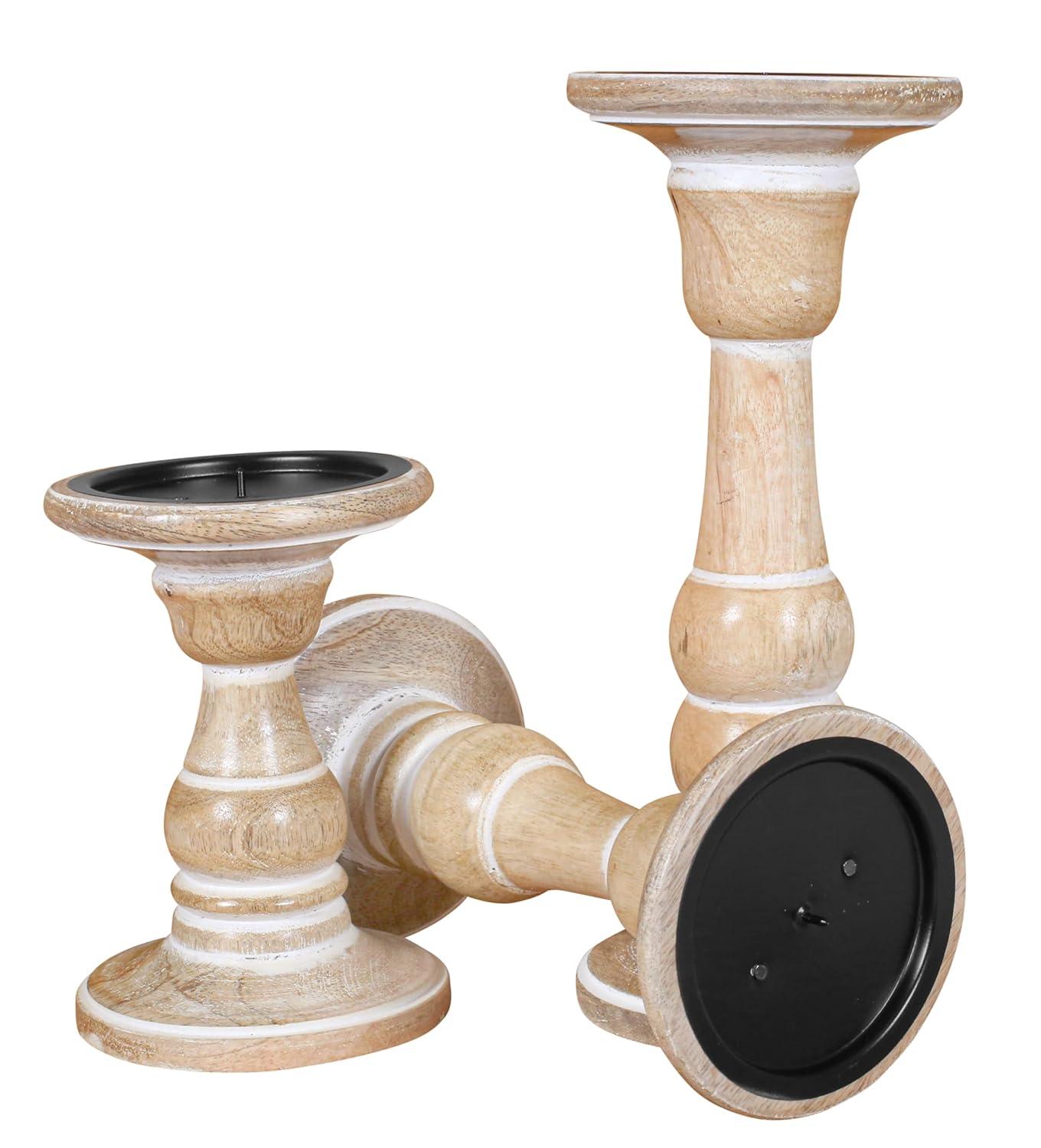 DecMode Traditional and Timeless Mango Wood Pillar Candle Holder Set of 3, 6", 8", 10"H, Cream Finish