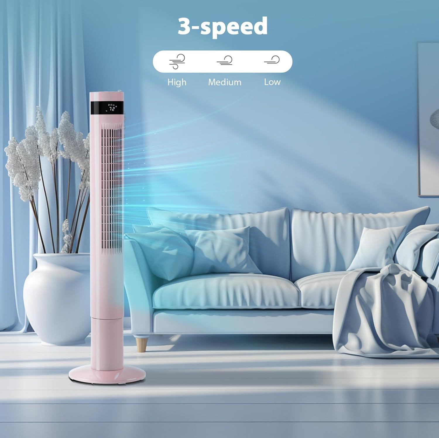 Antarctic Star Tower Fan Portable Floor Fans 85°Oscillating Fan 43'' Quiet Cooling 12H Timer Remote Control Standing Bladeless Electric 3 Speeds Wind 3 Modes Bedroom Office(43 inch, Pink)
