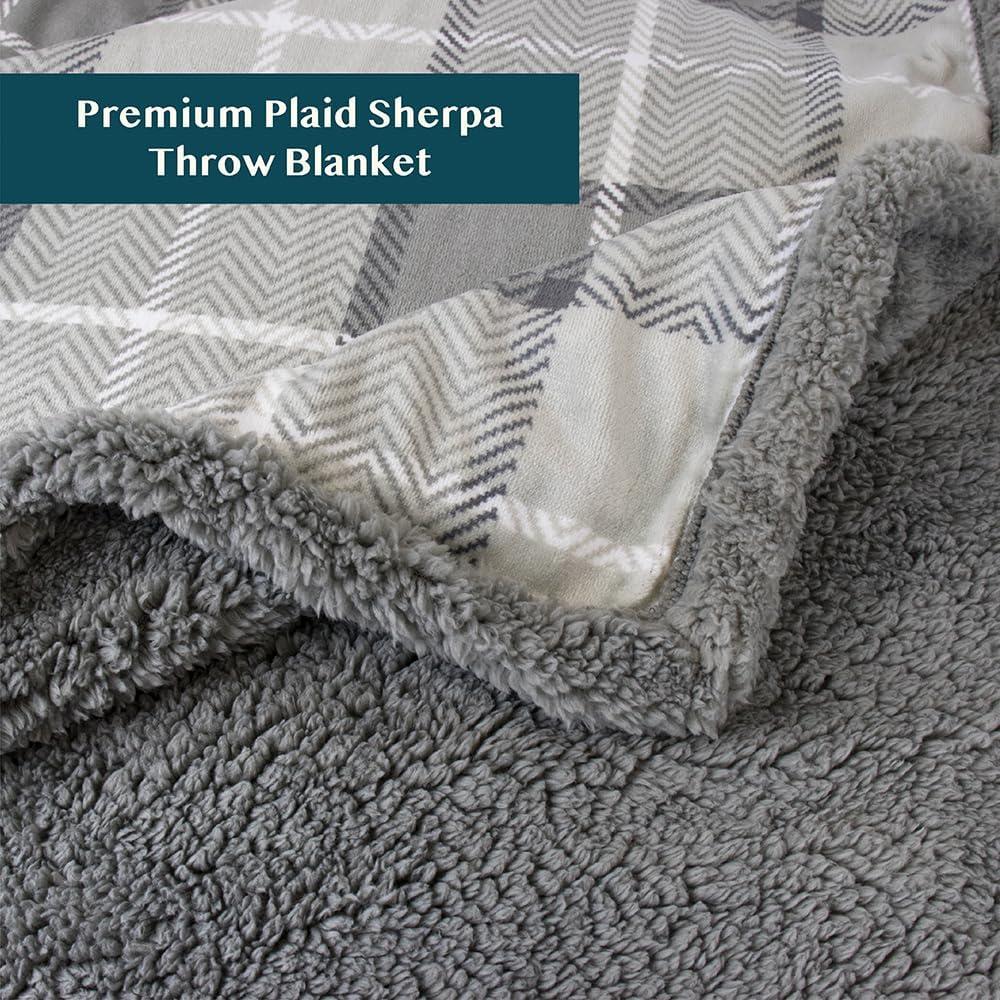 Light Gray Plaid Sherpa Fleece Twin Throw Blanket