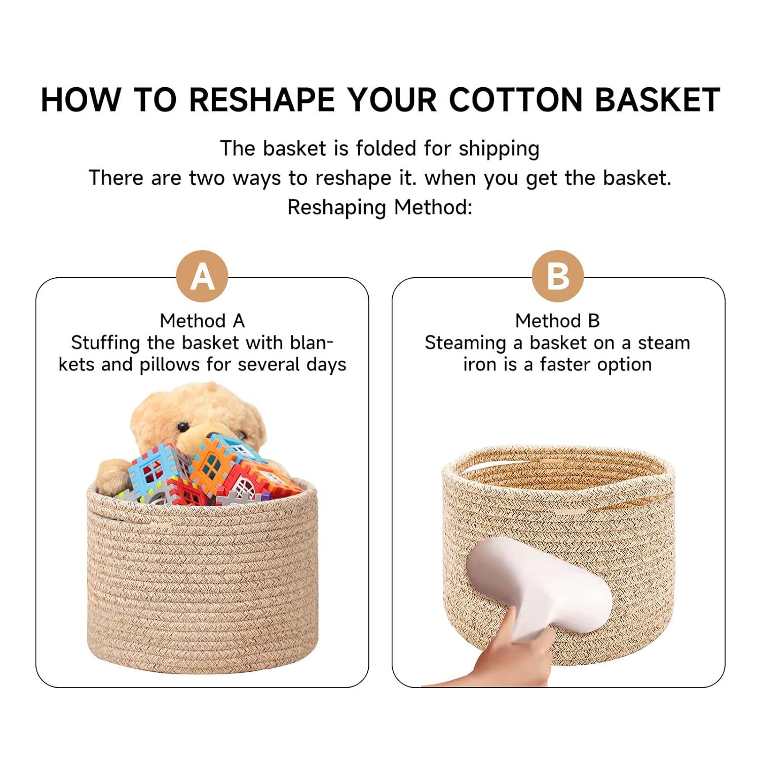 Small Basket for Organizing | Cube Shelf Closet Storage Baskets | 9.7×9.7×7.1” | Woven Rope Gift Basket | Nursery | Round 3 Packs Mixed Brown