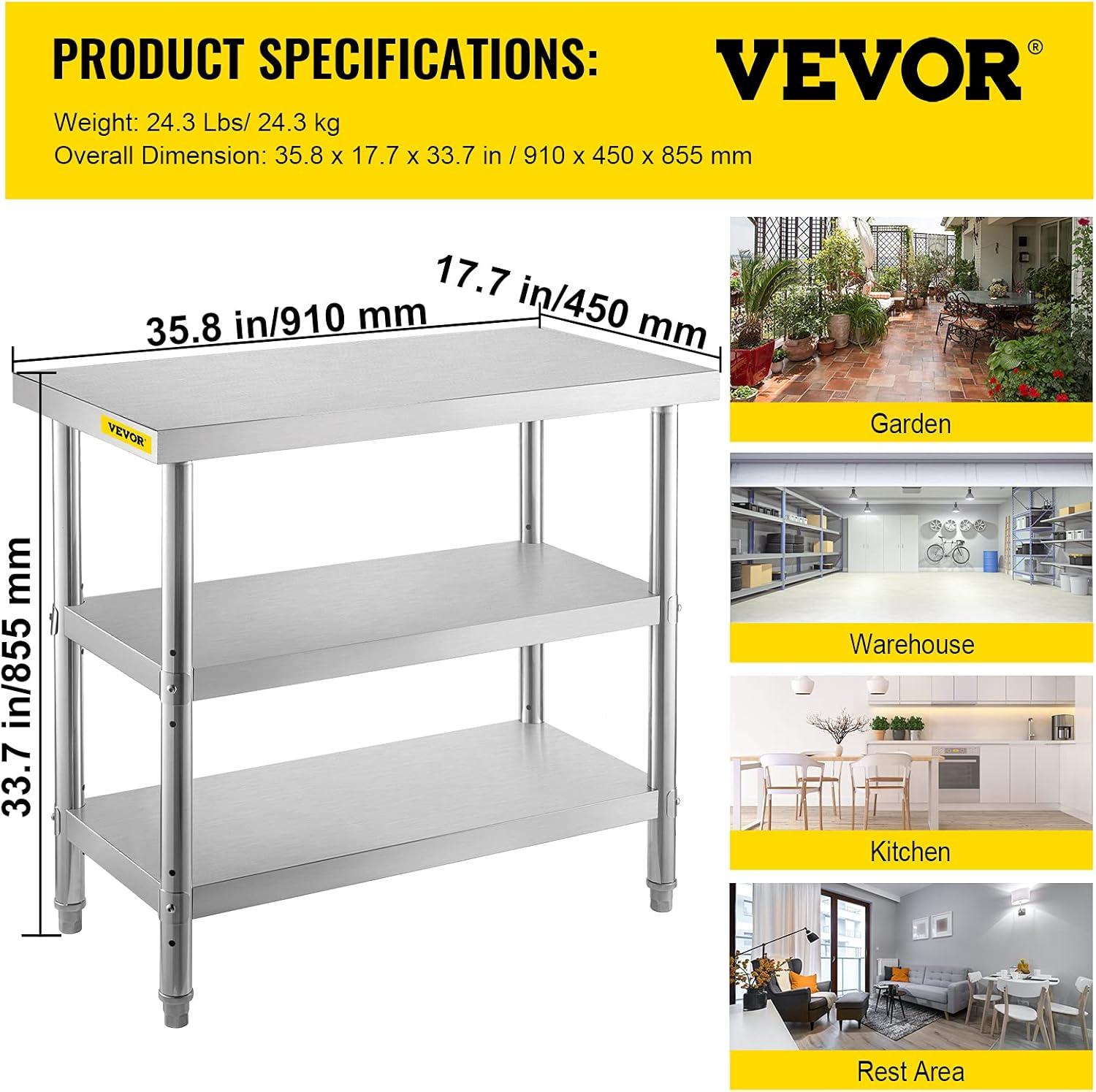 VEVORbrand Outdoor Food Prep Table, 36 x 18 x 34 Inches Commercial Stainless Steel Table, 2 Adjustable Undershelf Kitchen Work Table, for Garage, Home and Kitchen