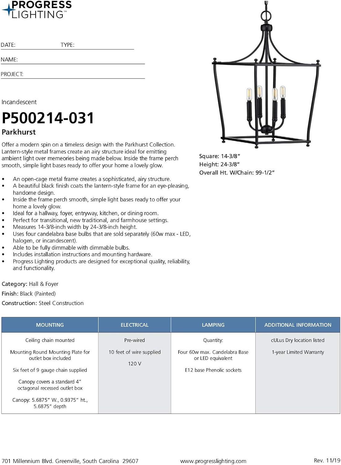 Progress Lighting Parkhurst 4-Light Lantern Matte Black Ceiling Light, Steel, Incandescent, Dry Rated