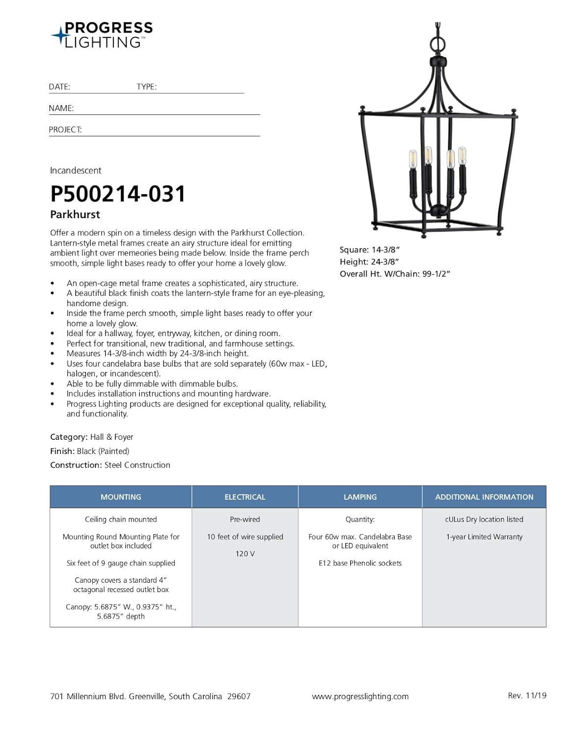Progress Lighting Parkhurst 4-Light Lantern Matte Black Ceiling Light, Steel, Incandescent, Dry Rated