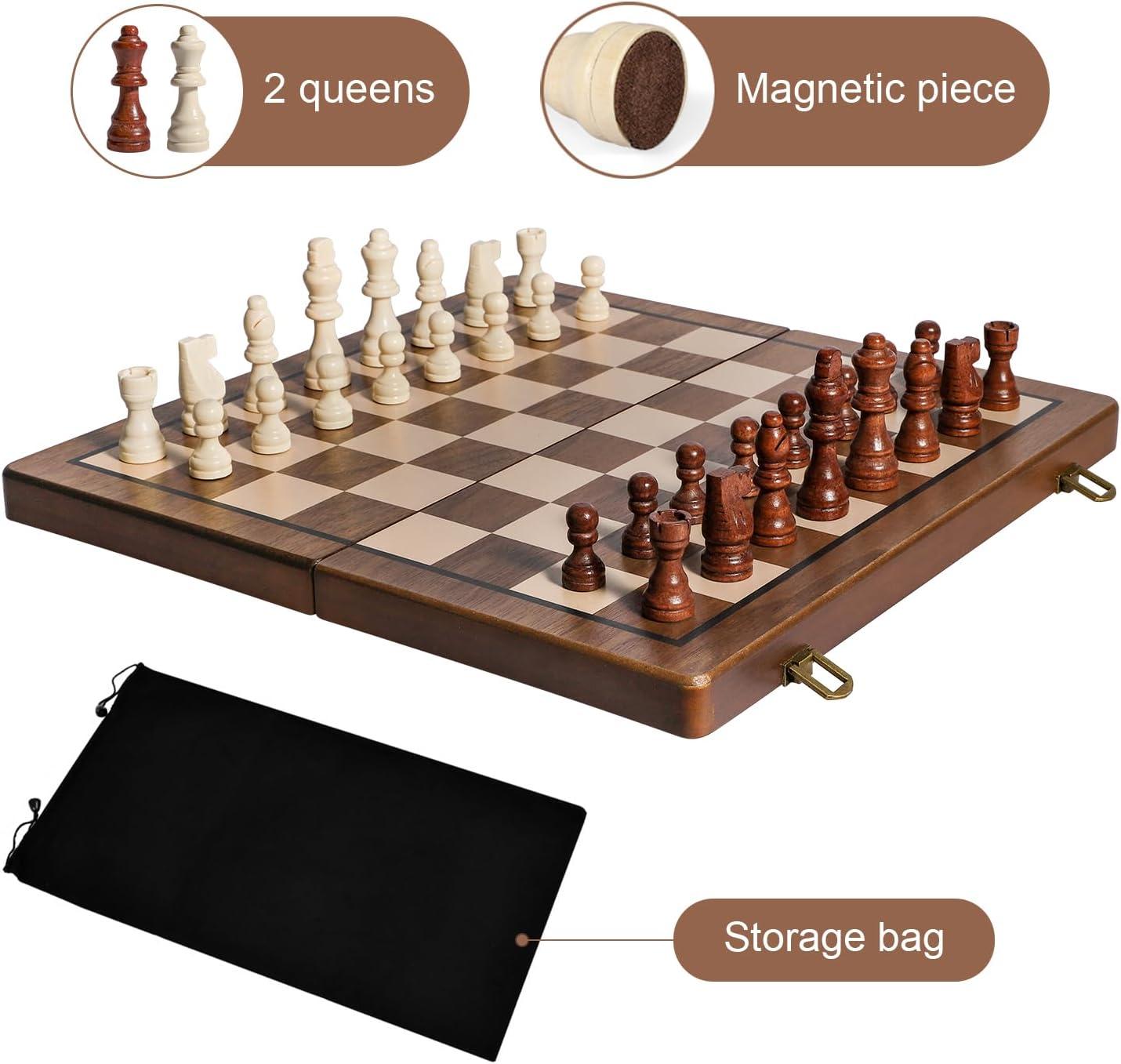 KiddiTouch 15 inch Magnetic Wooden Chess Set 2 in 1 Folding Chess Board Travel Chess Games for Adults and Kids-2 Extra Queen Pieces