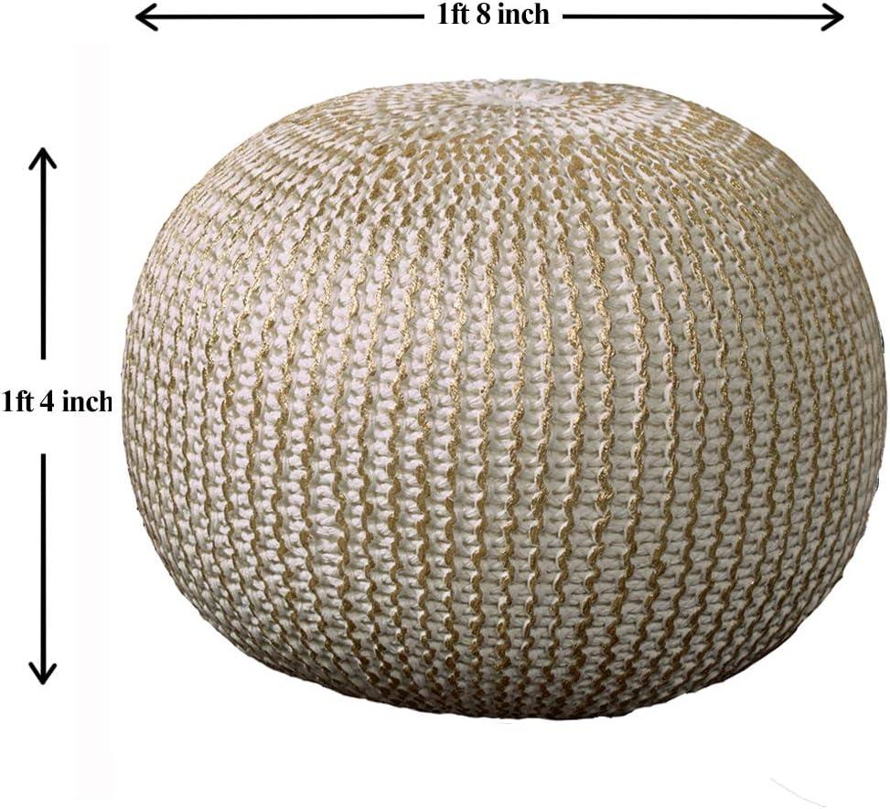 Ox Bay Caitlin Round Solid Print Hand Knitted Cotton Indoor Pouf, White