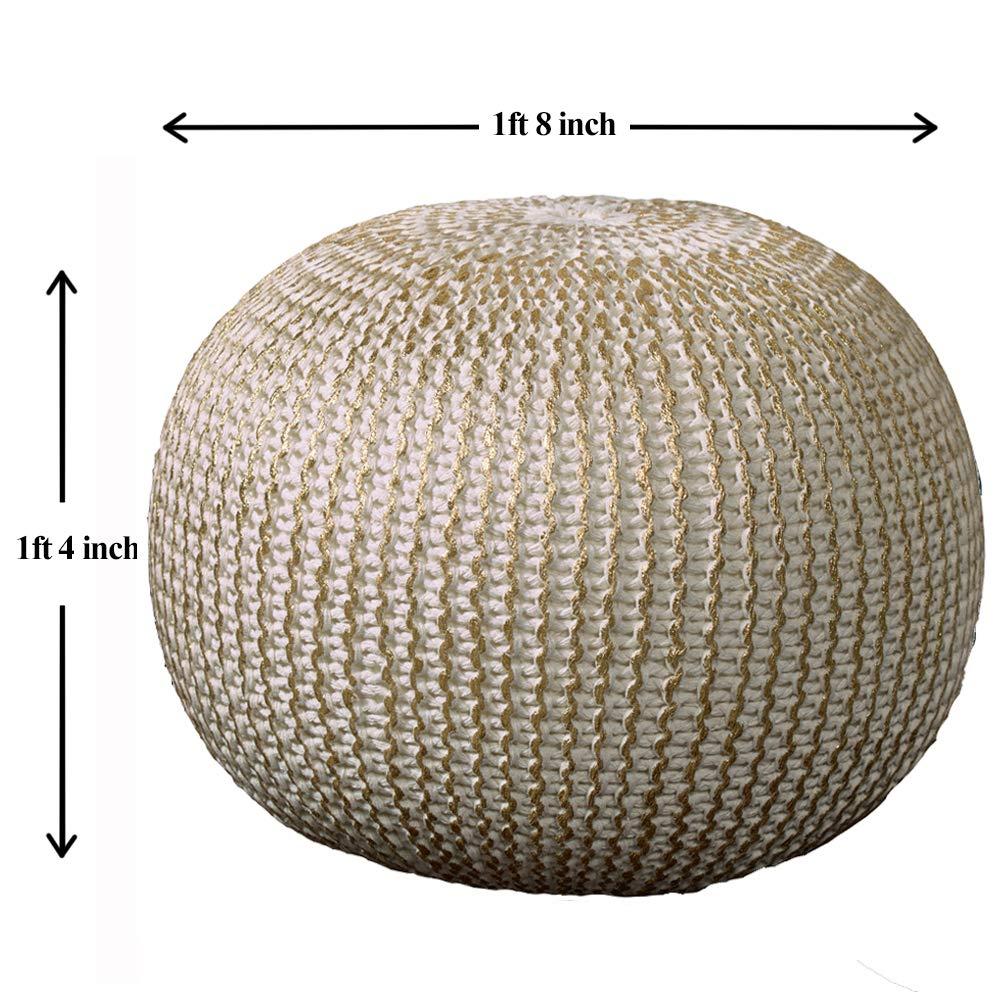 Ox Bay Caitlin Round Solid Print Hand Knitted Cotton Indoor Pouf, White