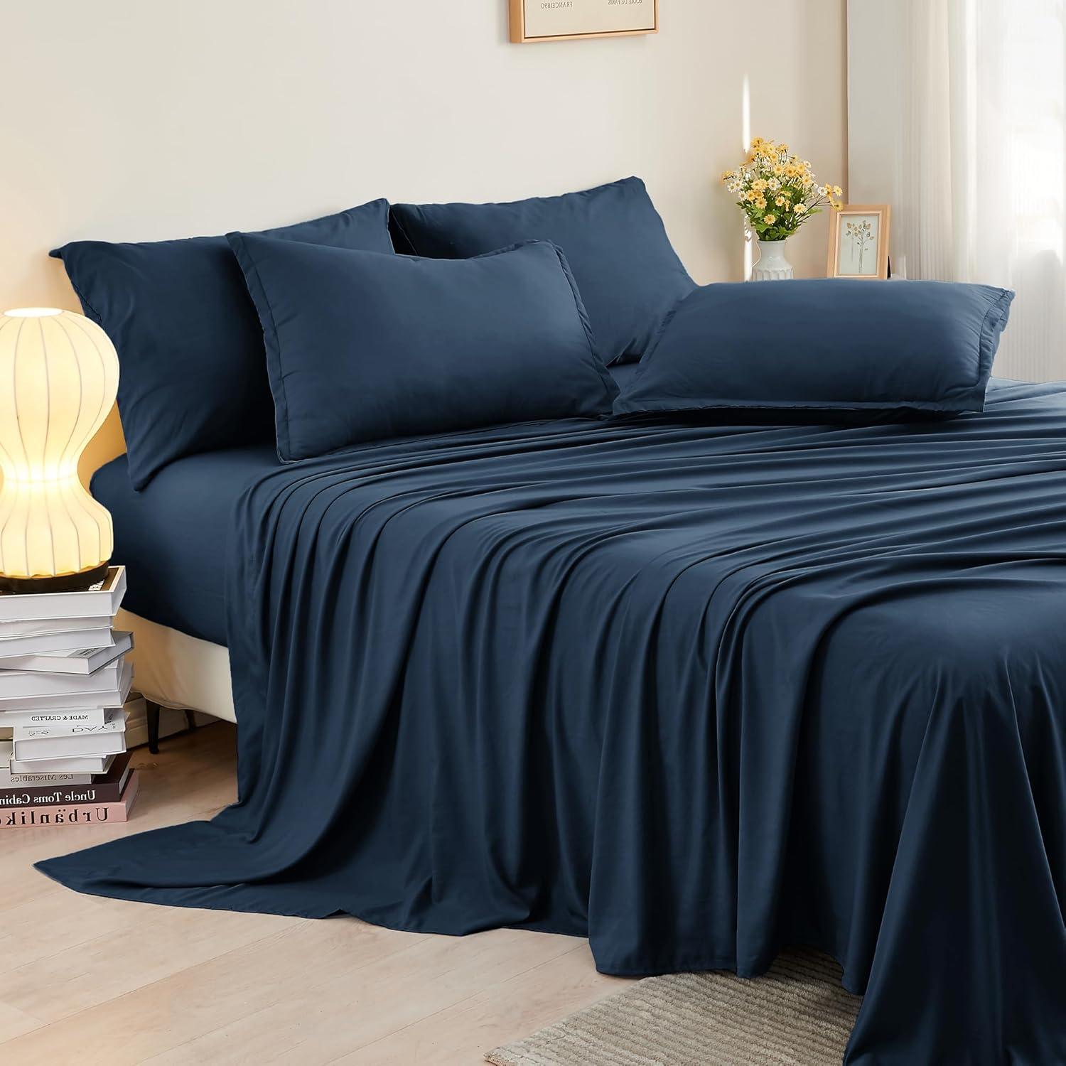 Virtu Queen Comforter Set, 7pc Bed in a Bag, Pleated Bedding Comforter Sets with Sheets, Navy