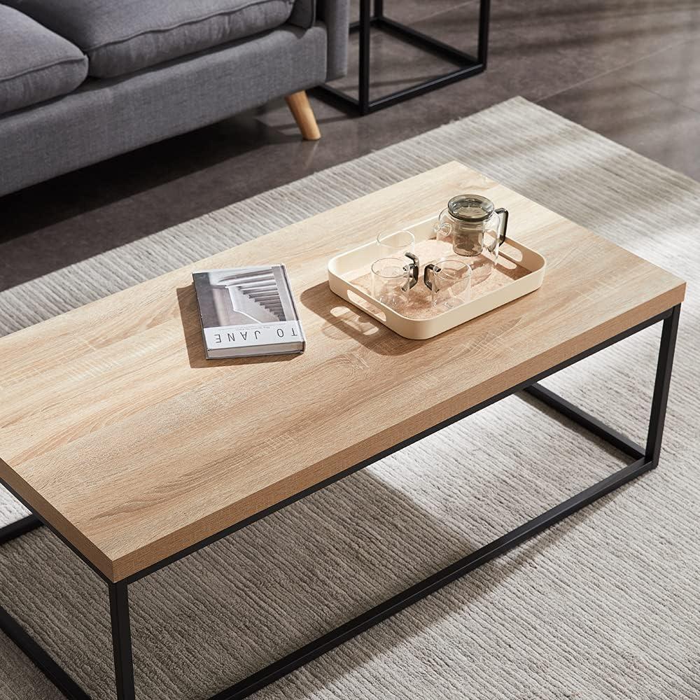 47" Large Natural Oak Coffee table for Living Room, Light Wood, Rectangle Modern Industrial, Wood and Metal, Extra thick tabletop