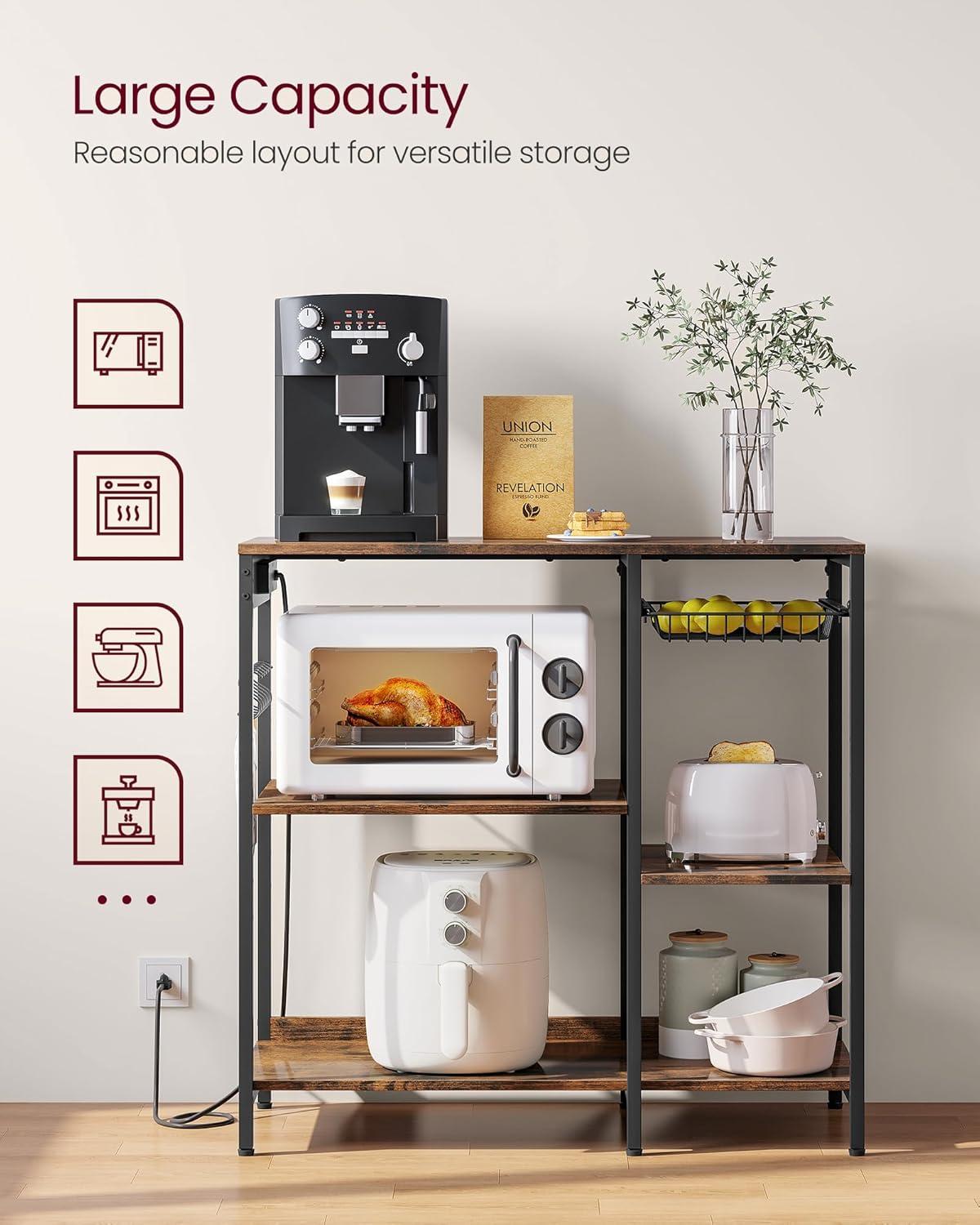 Rustic Brown Adjustable Kitchen Baker's Rack with Power Outlet