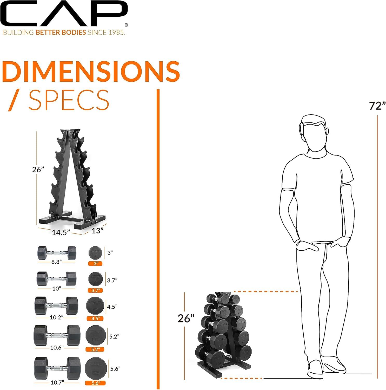 CAP Barbell Rubber Coated Dumbbell Weight Set with Vertical Rack | 100 lb, 150 lb, and 210 lb Options