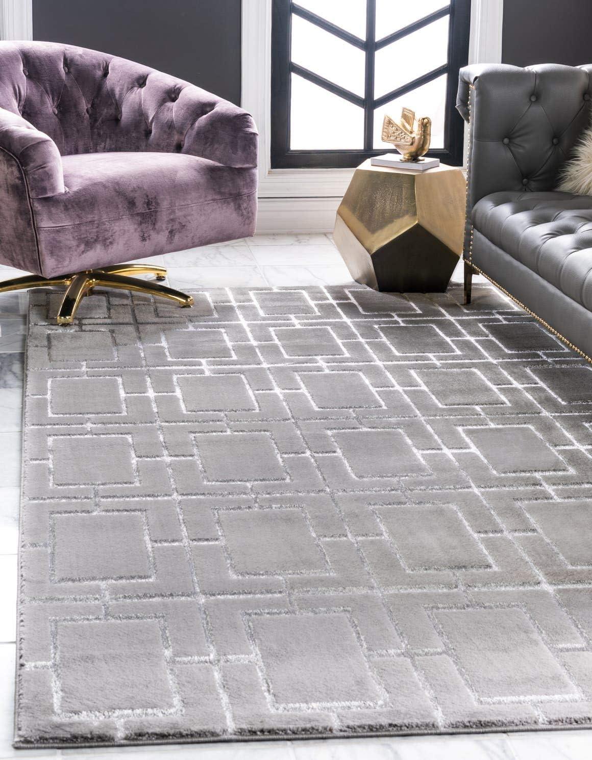 Elegant Geometric Gray & Silver Synthetic Area Rug - 5' x 8'