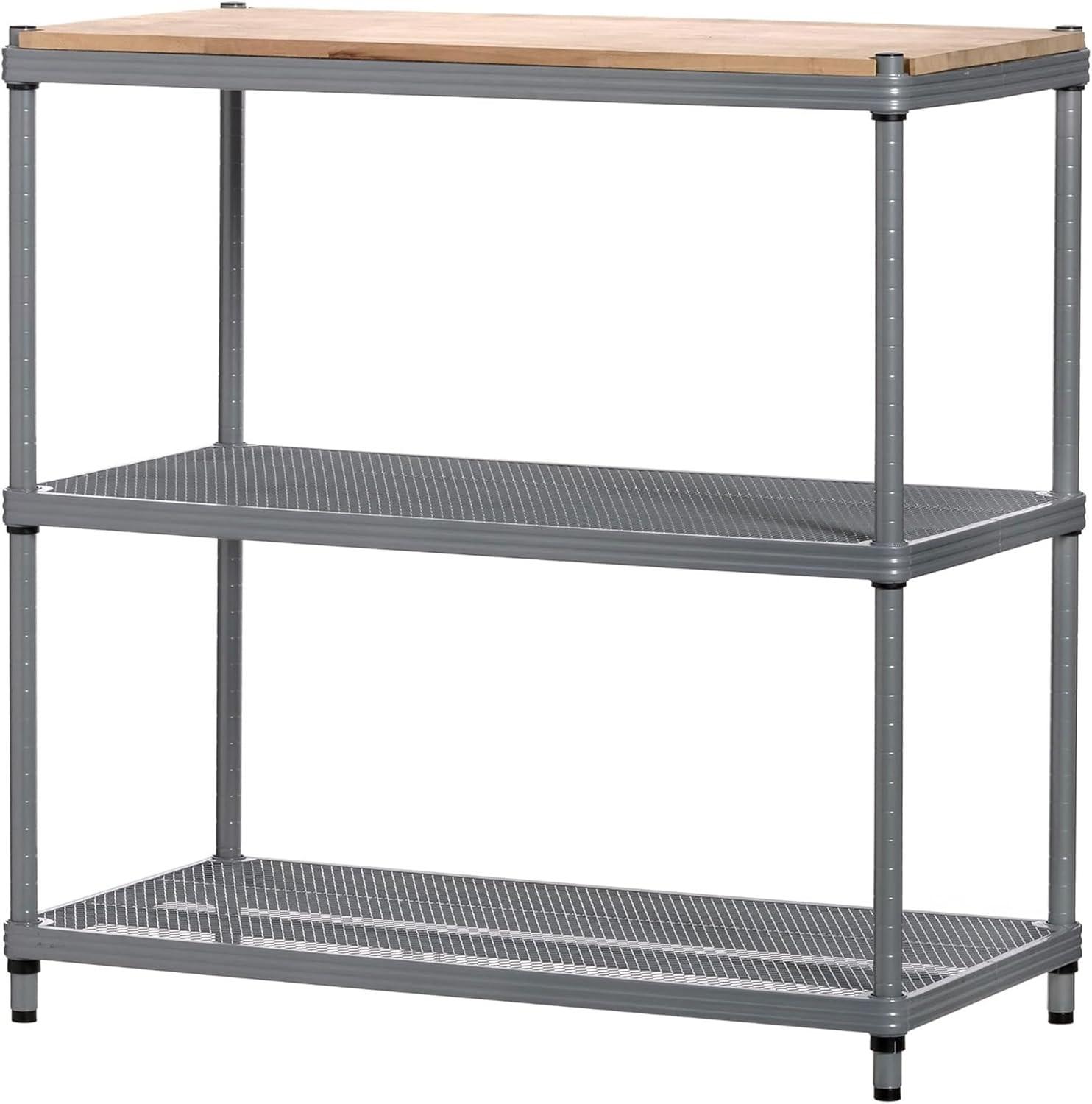 Design Ideas MeshWorks Metal Storage Wood Top Workbench Shelving Unit