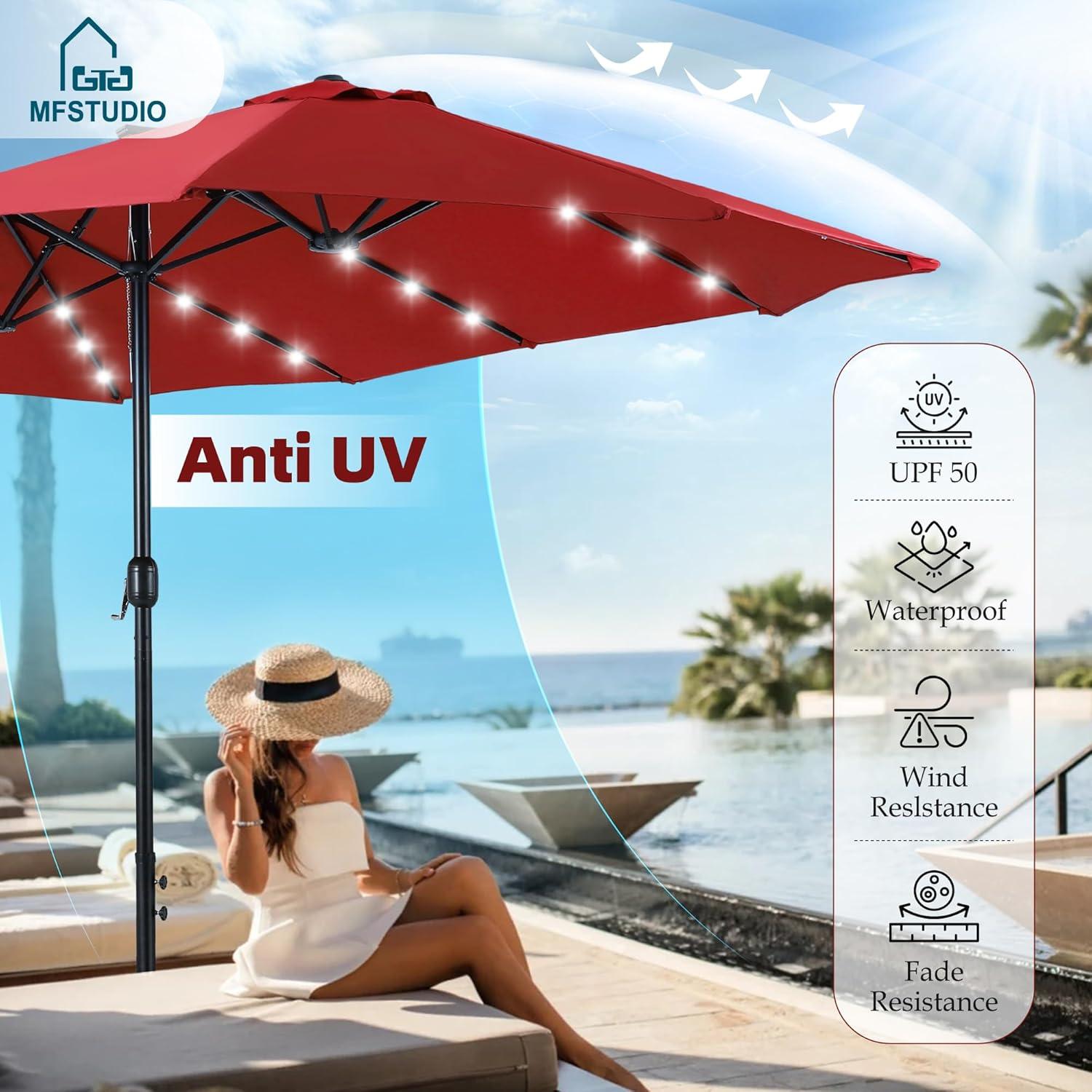 Summit Living 15ft Double-Sided Solar Patio Umbrella with Base Large Outdoor Table Umbrella with LED Solar lights Red