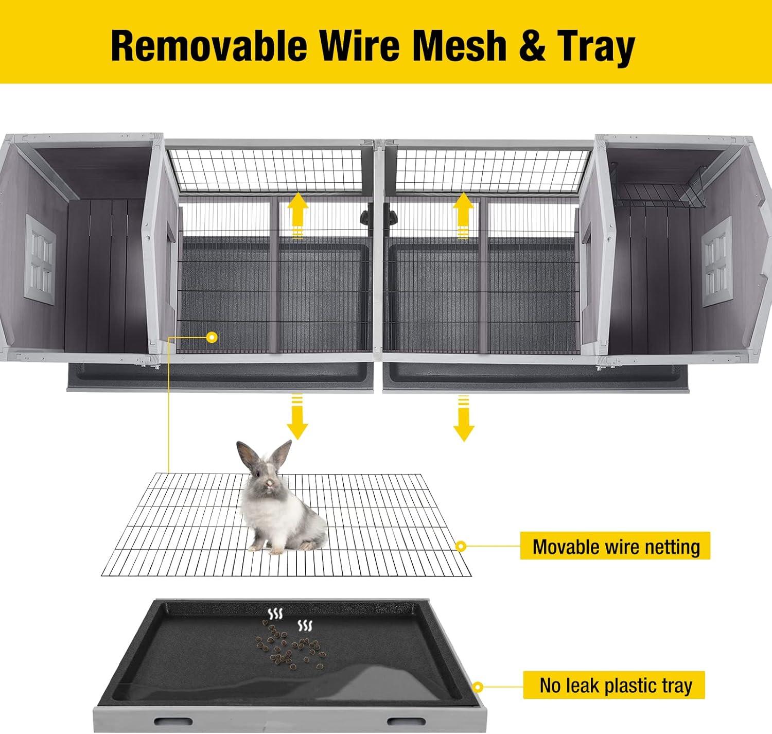 Gray Wooden Indoor/Outdoor Rabbit Hutch with Double House and Run