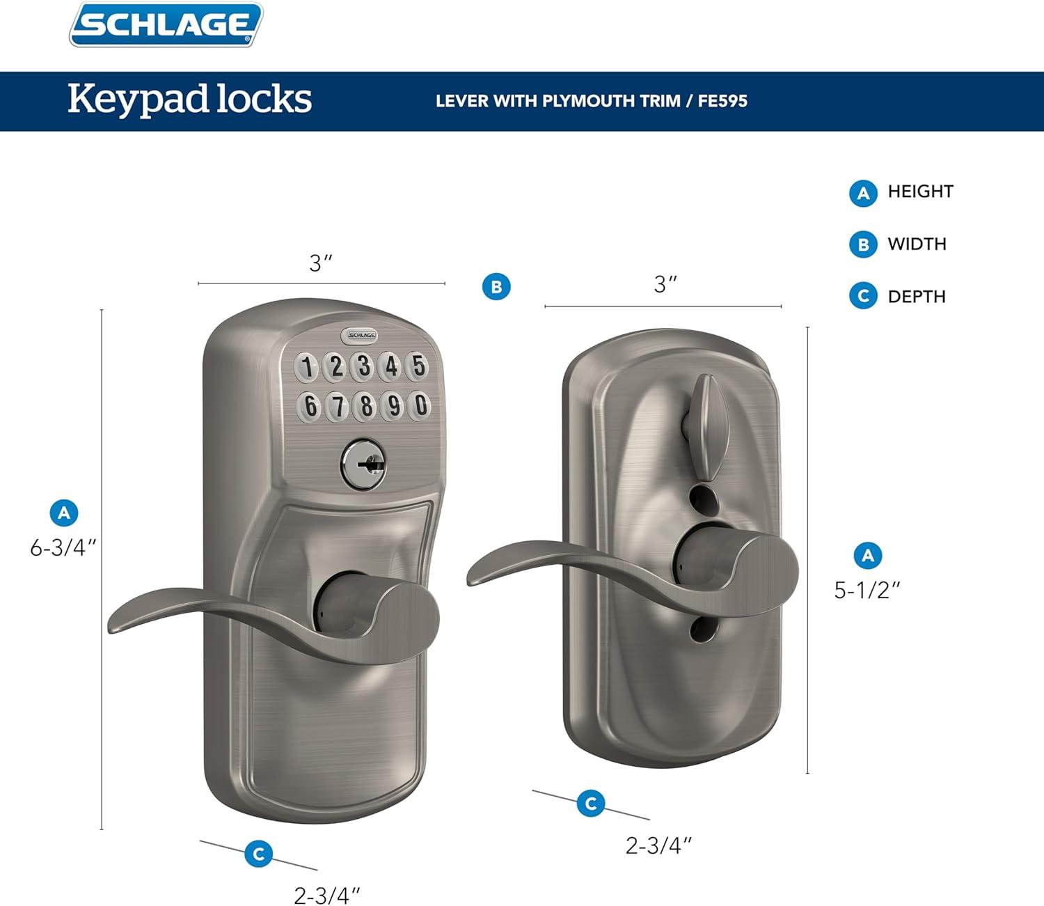 Schlage FE595CSVELA626 Satin Chrome Keypad Lever With Plymouth Trim And Flair Lever With Flex Lock