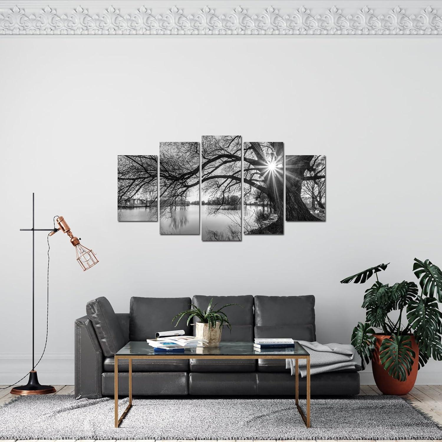 5 Pieces Wall Art Old Tree by Lake Picture Canvas Prints Sunrise Painting Black and White Landscape Canvas Art Modern Wall Decoration Framed and Ready to Hang