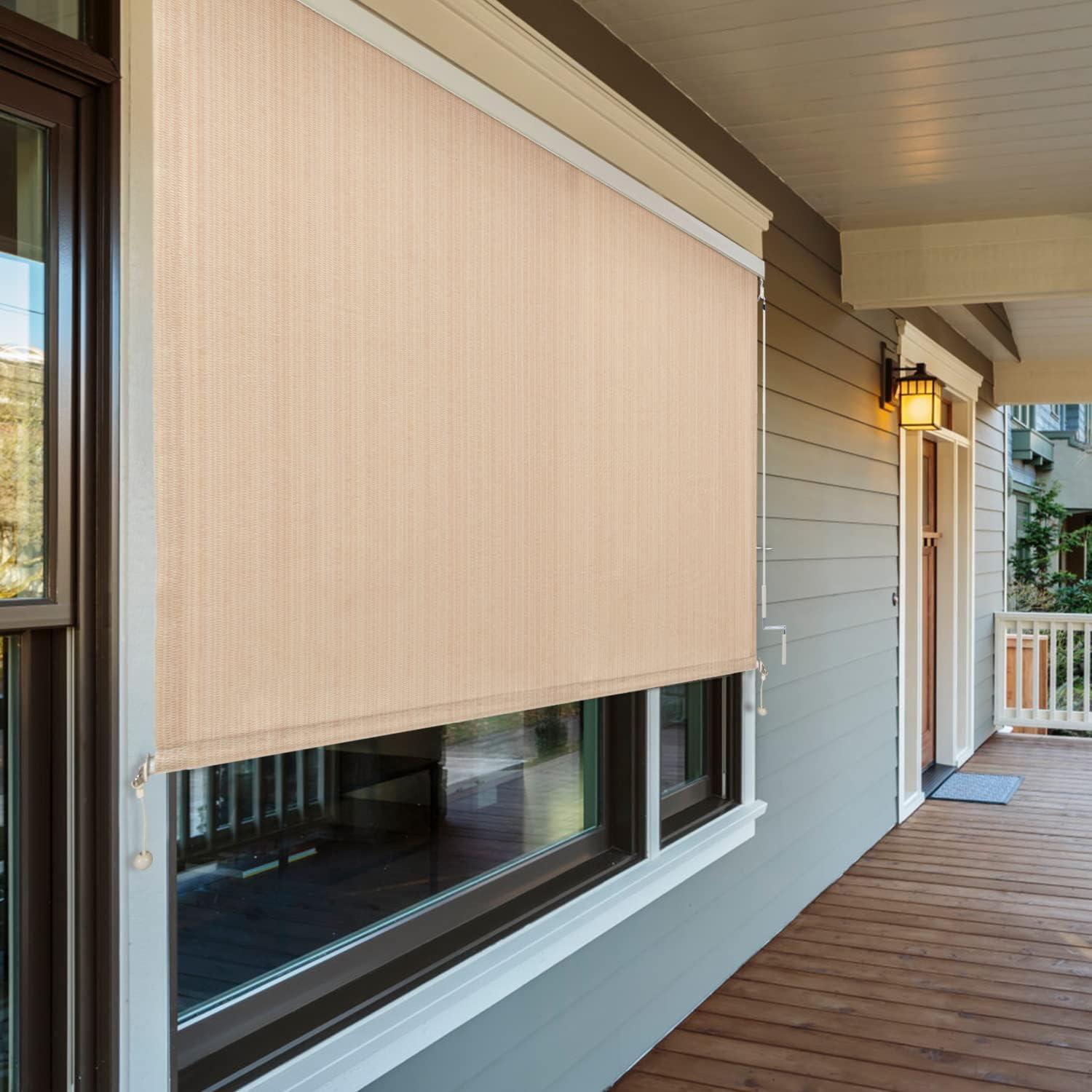 VICLLAX Outdoor Premium Roller Shades for Patio, Exterior Cordless Outdoor Blinds Porch Shades with Aluminum Valance (4' W X 8' L), Wheat