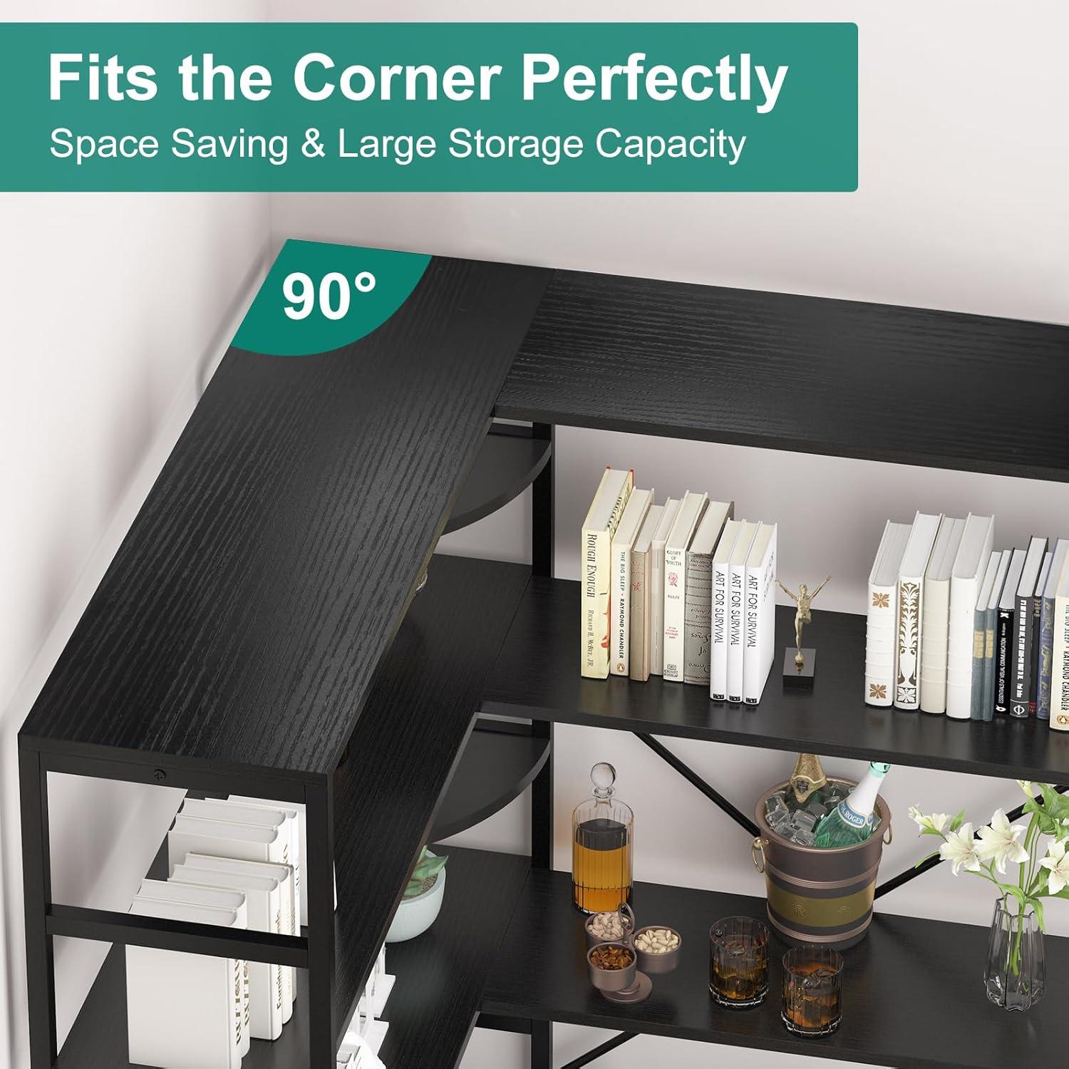 L-Shaped Corner Bookshelf, 5-Tier Industrial Bookcase with Heavy-Duty Metal Frame, Tall Storage Display Shelf for Bedroom, Living Room, and Home Office