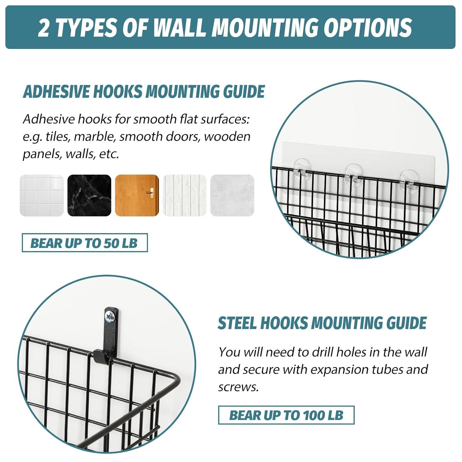 [2 Wall Mounting Options], 4 Set EXTRA LARGE Hanging Wall Mount Basket for Storage with Adhesive Hooks & Steel Hooks, Sturdy Wire Metal Baskets, Home Kitchen Bathroom Pantry Organizer, Industrial Gray