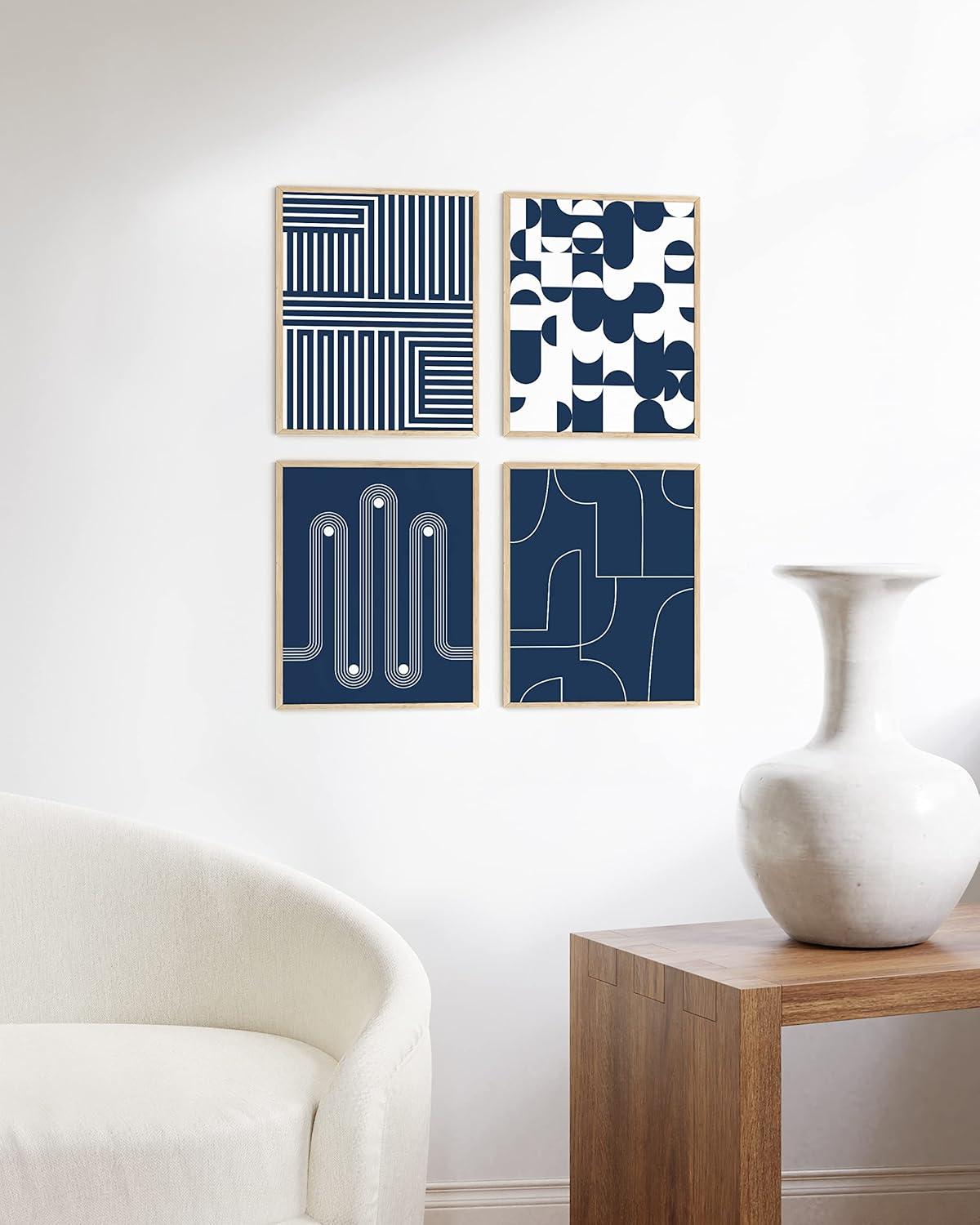 HAUS AND HUES Abstract Art Wall Decor Set of 4 - Abstract Art, Blue Art, Blue Poster, Navy Blue Abstract Art, Blue Art Print, Navy Blue Pictures for Walls, White and Blue Wall Art (Unframed 8x10)