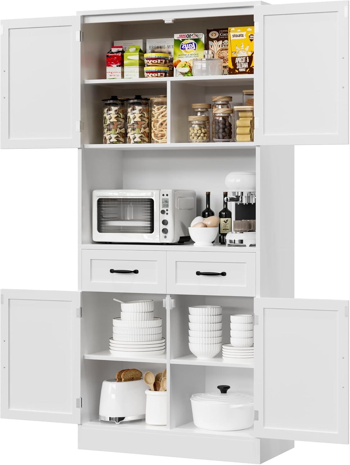 Hokku Designs 71“ Tall Kitchen Pantry Storage Cabinet, Modern Kitchen Hutch Bar Cabinet With Microwave Stand, White