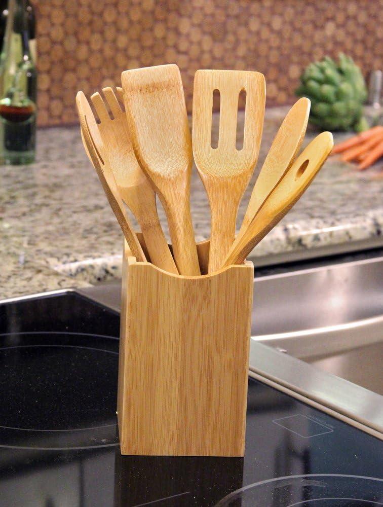 Oliva Italiana 7-Piece Bamboo Kitchen Utensil Set with Holder – Eco-Friendly, 100% Organic Bamboo Wooden Cooking Spoons, Spatula, Ladle, Turner & Pasta Server with Ergonomic Handles