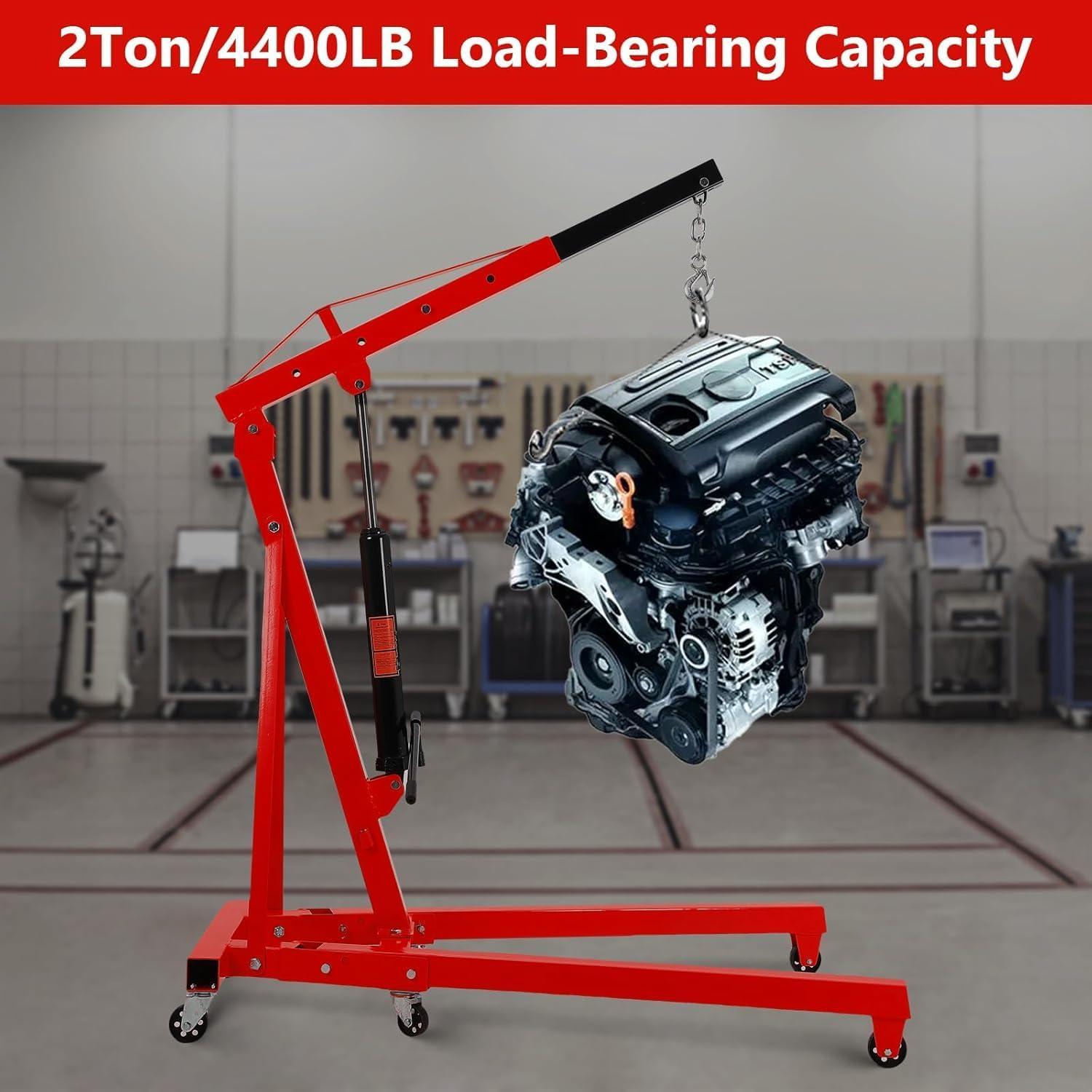 2 Ton Folding Engine Crane Engine Hoist Cherry Picker Ship Crane Heavy Duty Steel Lift Garage Workshop Auto Repair Foldable Stand 6 Caster