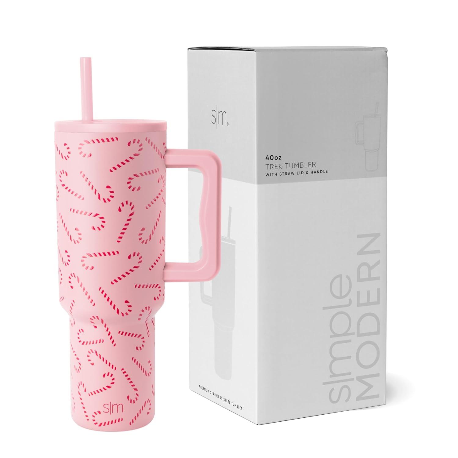Simple Modern 40 oz Trek Tumbler with Handle and Straw Lid | Cup Holder Friendly Insulated Stainless Steel Travel Mug | Pink Candy Cane Toss