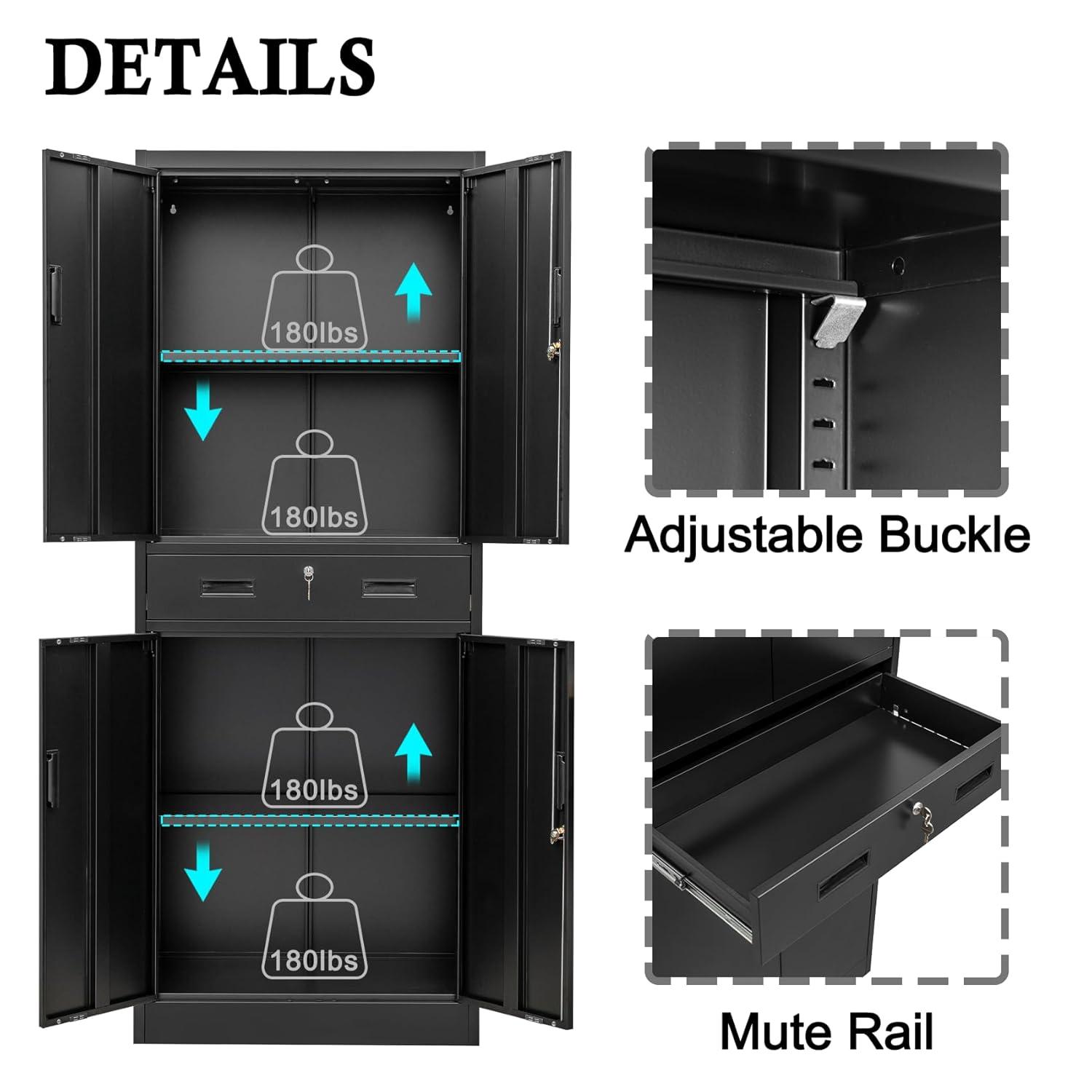 Metal Storage Cabinets with Drawer and Adjustable Shelves, Lockable Storage Cabinet for Pantry Home Office Garage Kitchen Living Dining Room (Black)