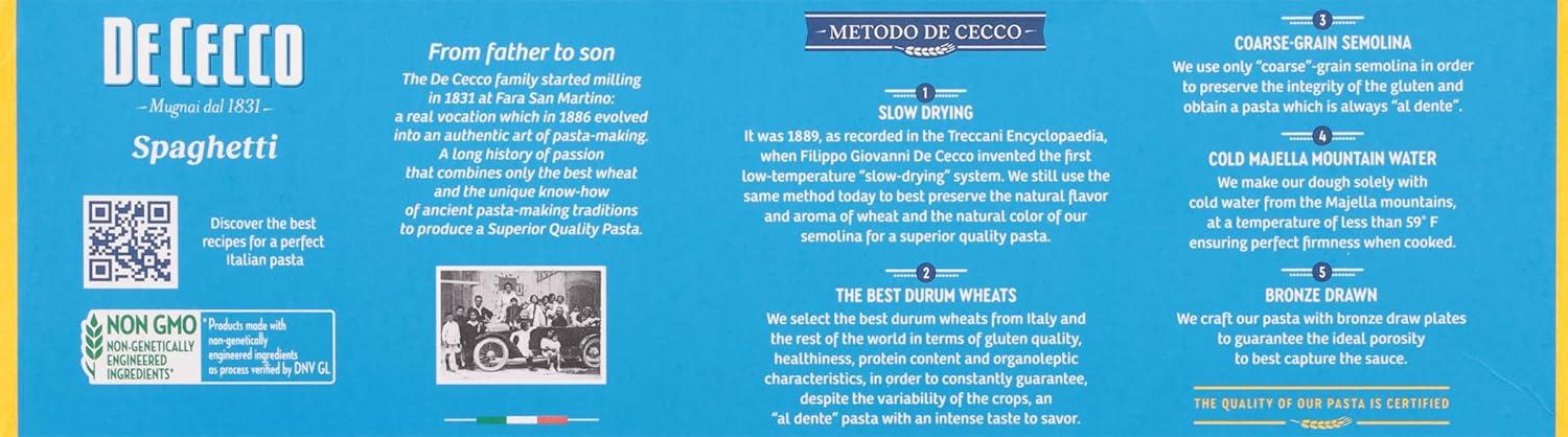 De Cecco Spaghetti no.12 Pasta, 1 LB. made from coarse Semolina (made from durum wheat). Non GMO and slow dried. Contains Wheat. May contain soy.