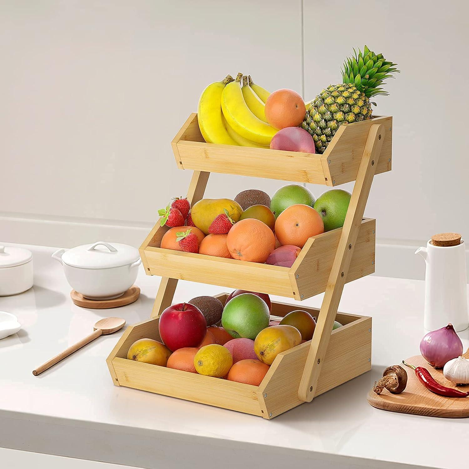3 Tier Wooden Fruit Basket For Kitchen, Bread Vegetable Fruit Basket Bowl Stand, Farmhouse Fruit Bowl for Countertop, Large