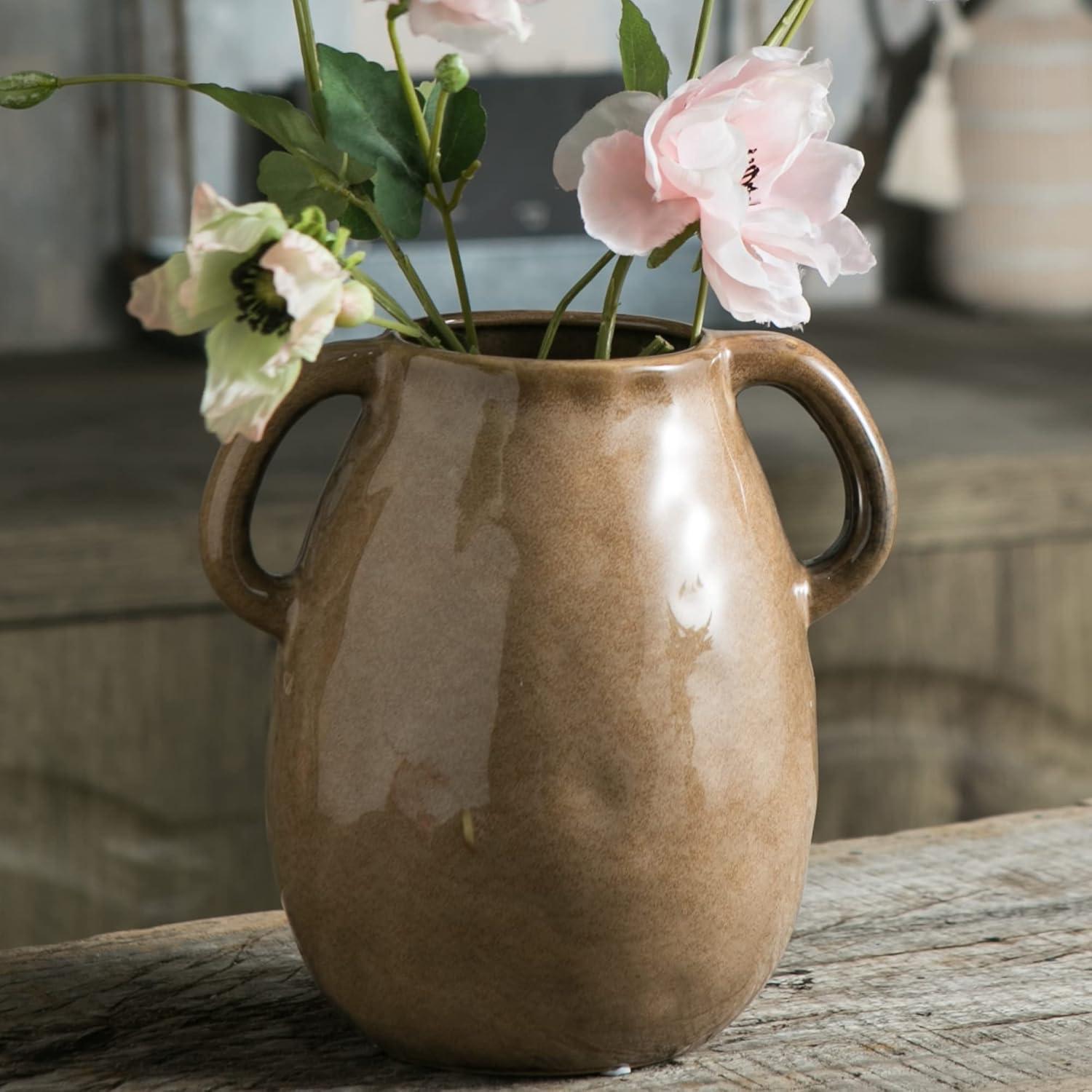 Kimdio Brown Ceramic Vase with 2 Handles, Modern Farmhouse Vase for Home Decor, Vintage Rustic Pottery Vase, Decorative Terracotta Vase, Clay Jug for Living Room Dining Table Shelf