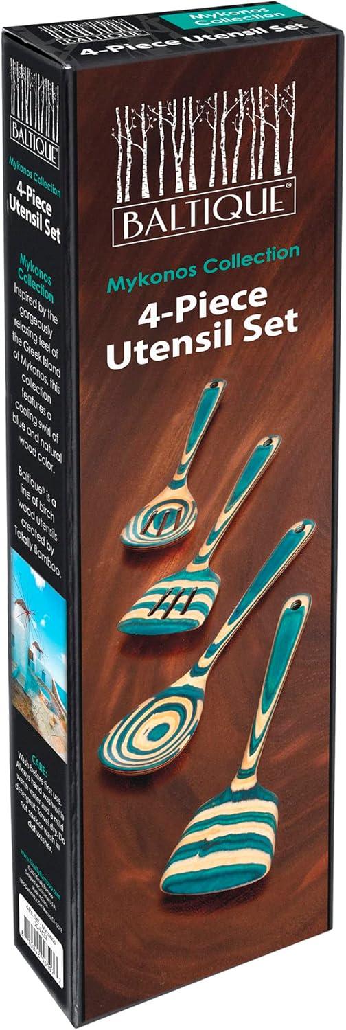 Baltique 4pc Mykonos Utensil Set: Wood Kitchen Tools, Hand Wash, Adult Cooking Utensils, Turquoise Blue