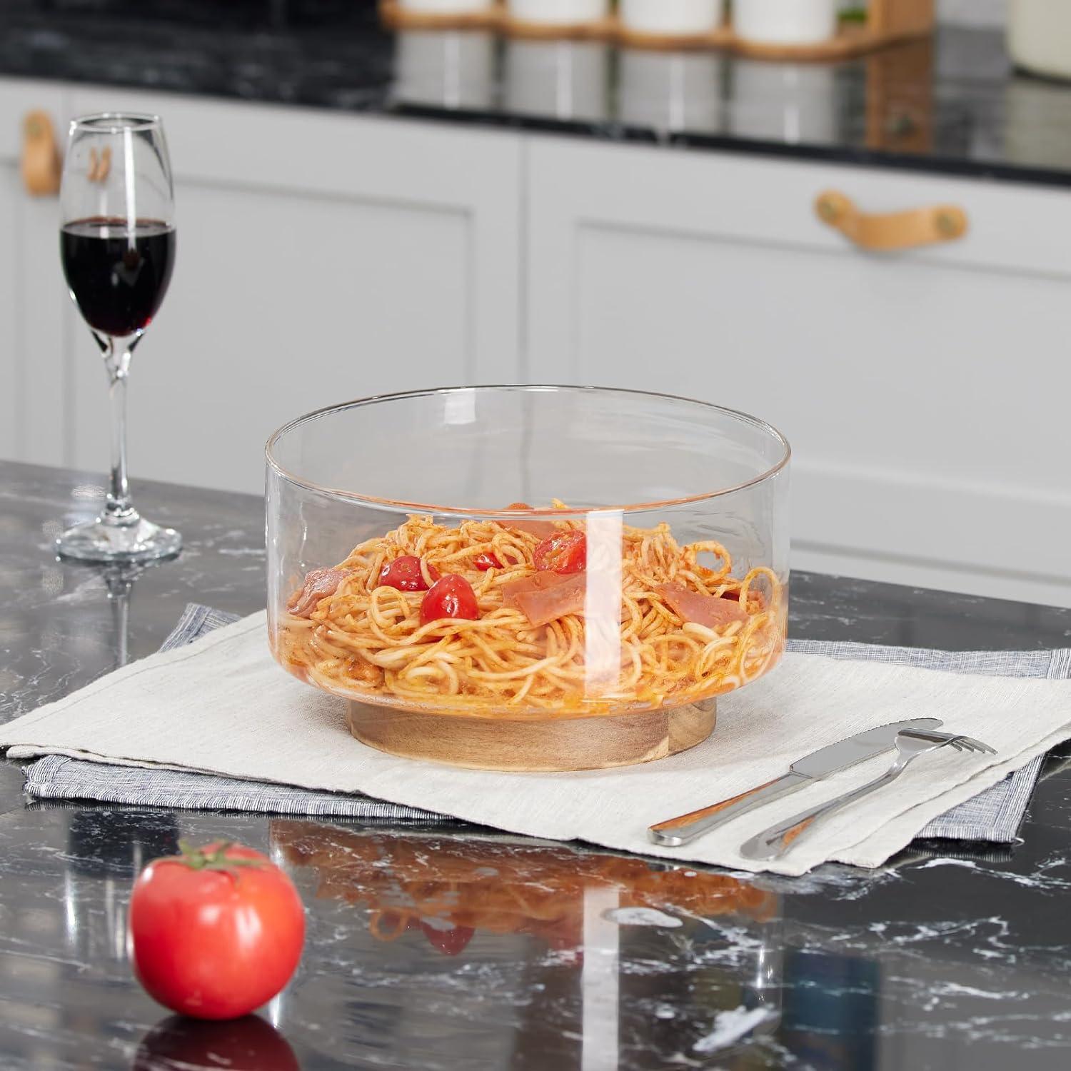 Large Salad Bowl Set, Glass Salad Bowl with Acacia Wood Base and Salad Serving Utensils, 150 oz Trifle and Fruit Bowl, Serving Bowls for Dessert, Popcorn, Chips, Pasta, Microwave & Dishwasher Safe