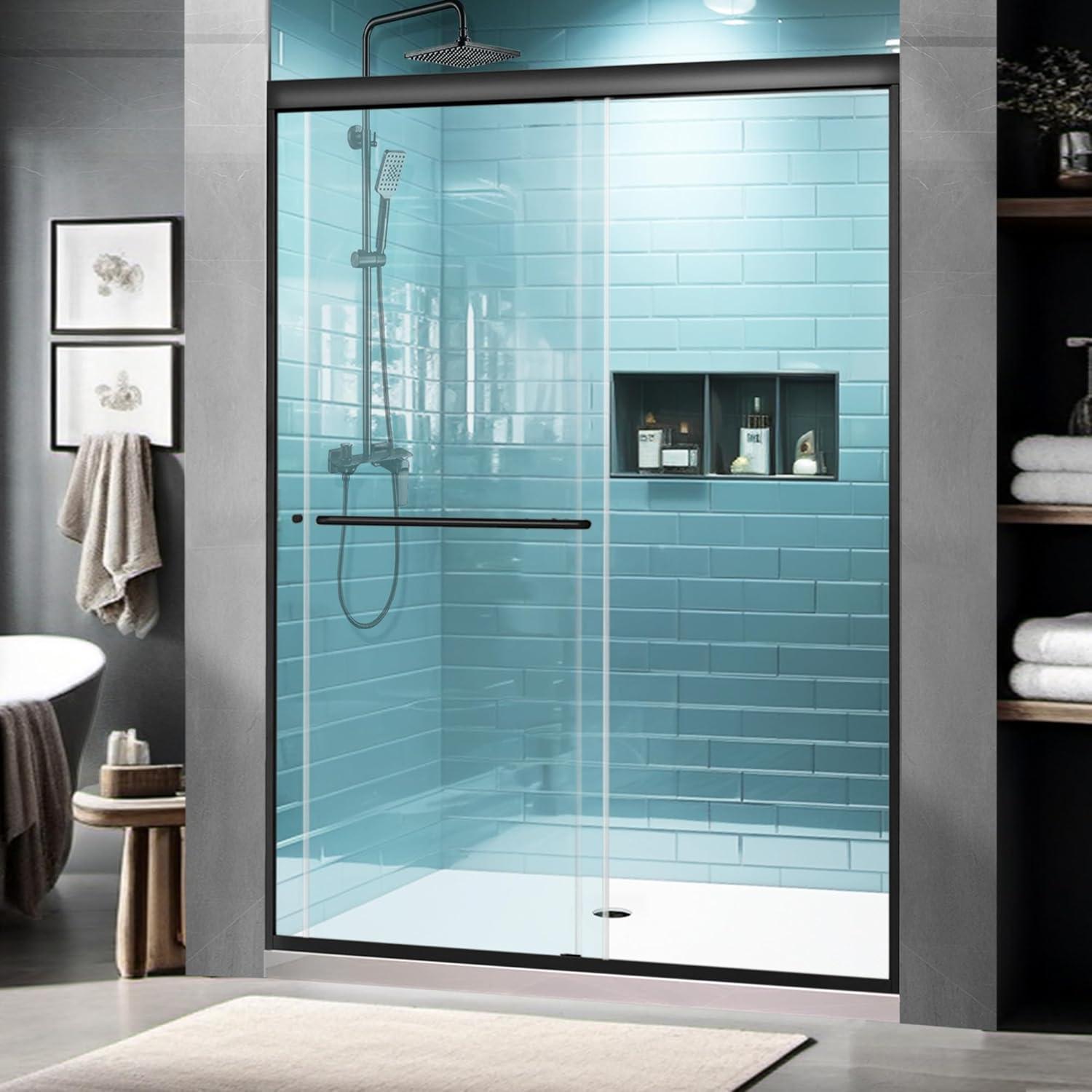 Matte Black Framed Sliding Shower Door with Clear Glass