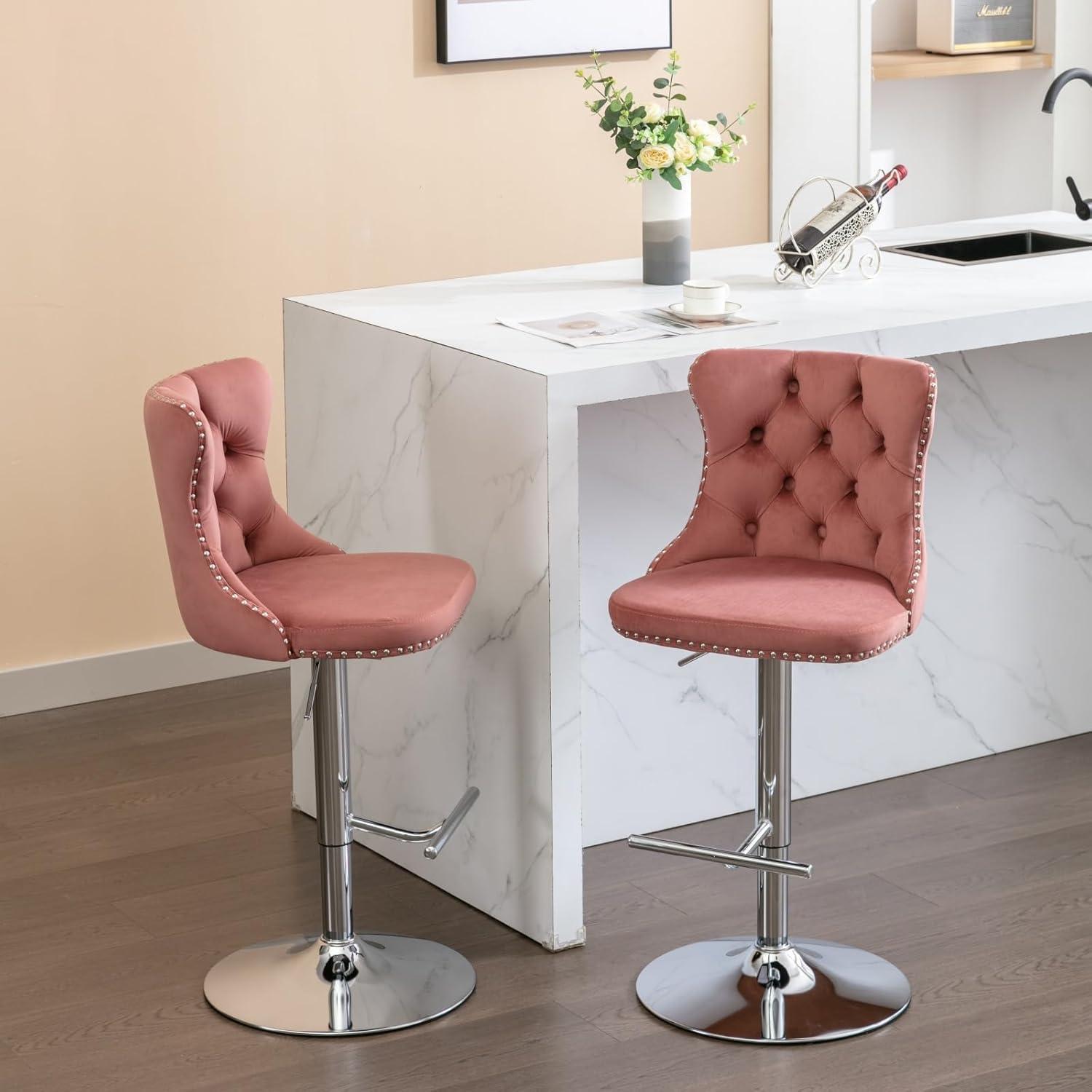 Swivel Bar Stools Set of 2, Adjustable Counter Height Barstools with Wing Back, Nailheads Trim and Silver Footrest, Velvet Button Tufted Upholstered Bar Chairs for Dining Room Kitchen Island, Pink