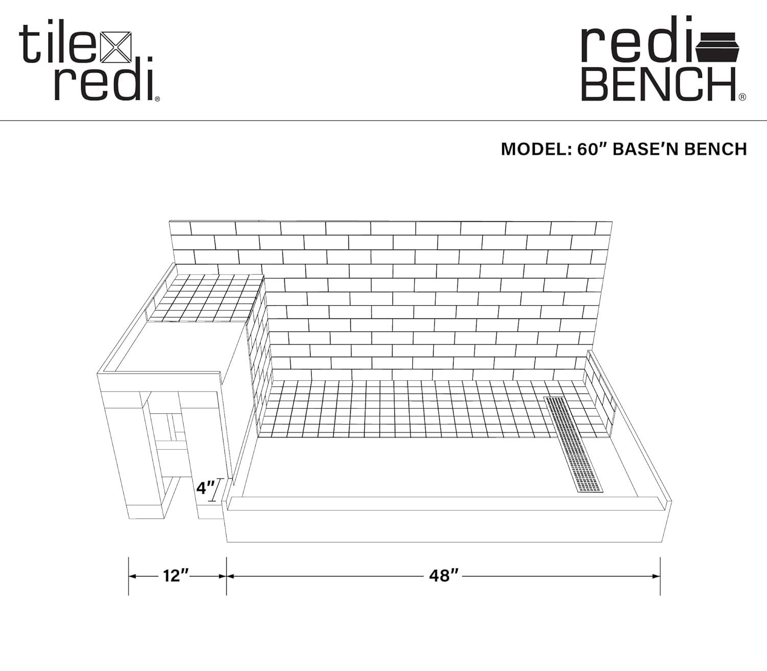 Tile Redi Rt4248r-Sq-Rb42-Kit Base'n Bench 42" X 60" Rectangular Shower Base - Chrome