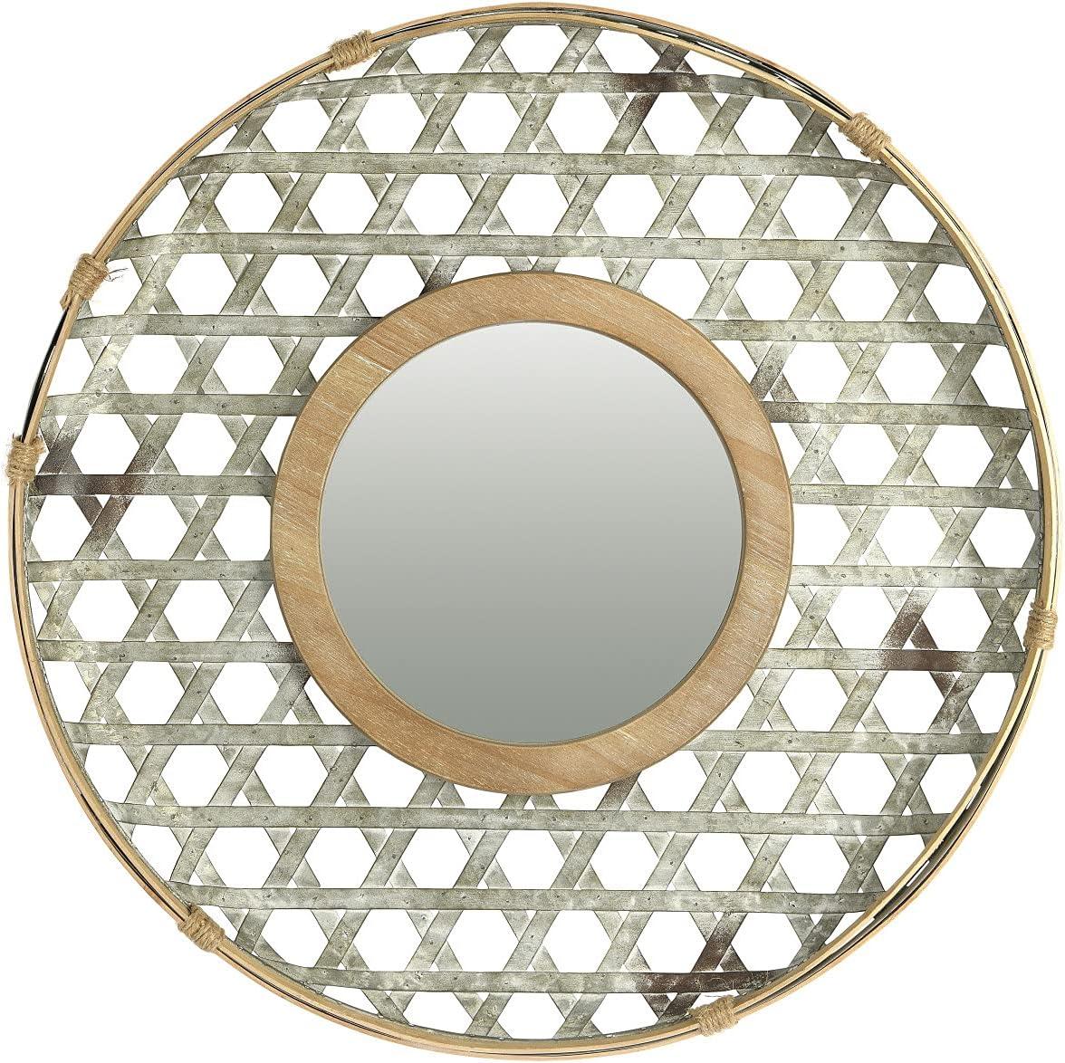 Round Wood and Silver Lattice Wall Mirror